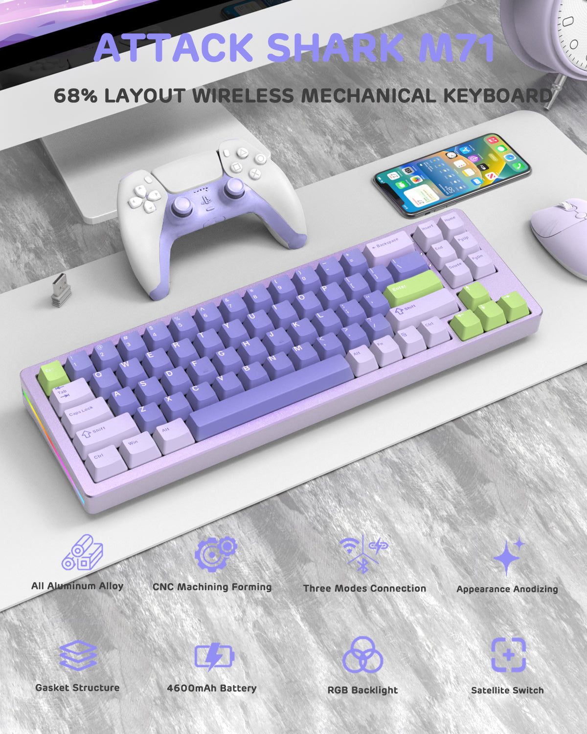 Attack Shark M71 wireless mechanical keyboard with purple green PBT keycaps and RGB backlight.