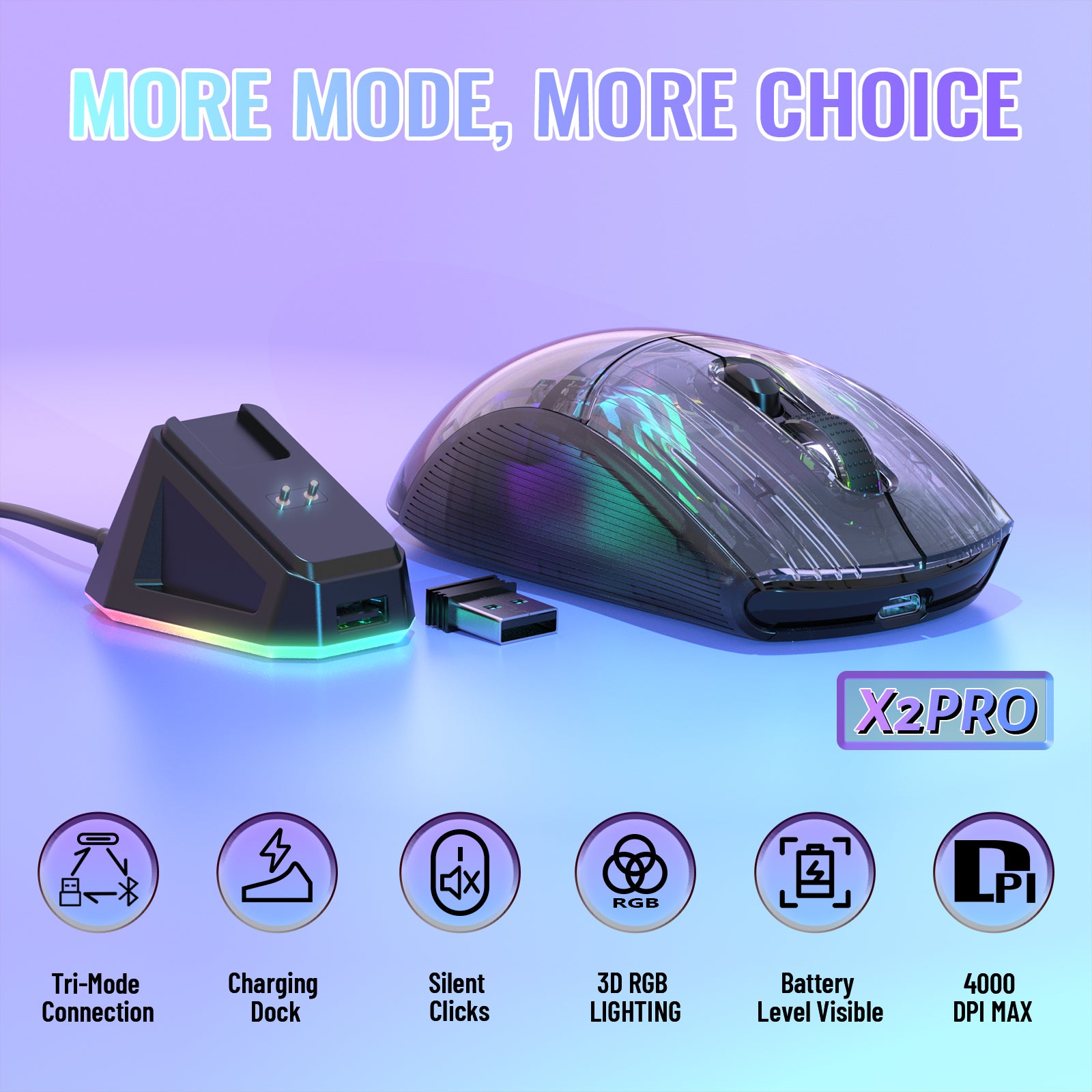 X2PRO wireless mouse with RGB lighting on dock, highlighting features: tri-mode, silent clicks.