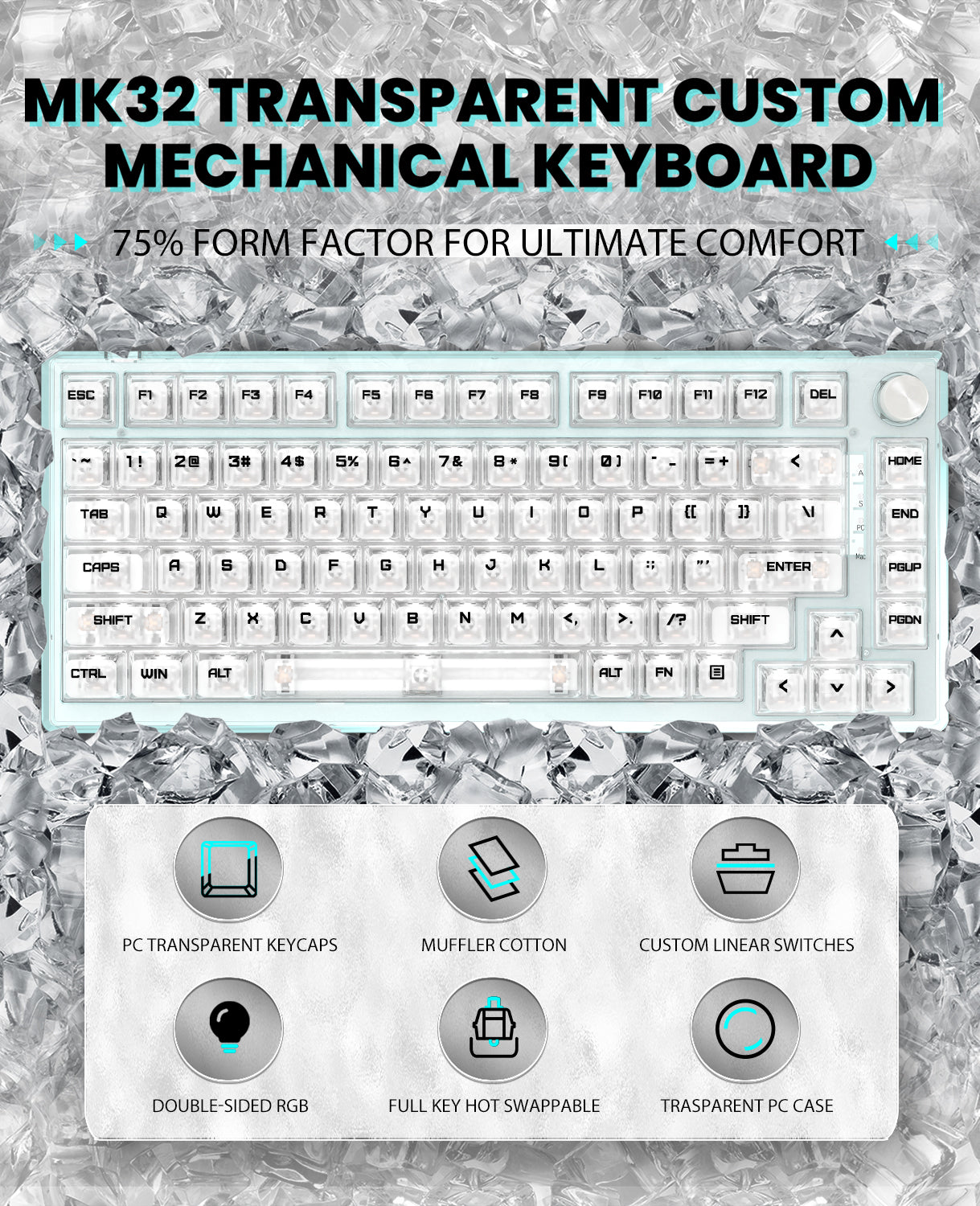 MK32 keyboard with transparent keycaps, RGB lighting, and coiled cable features.