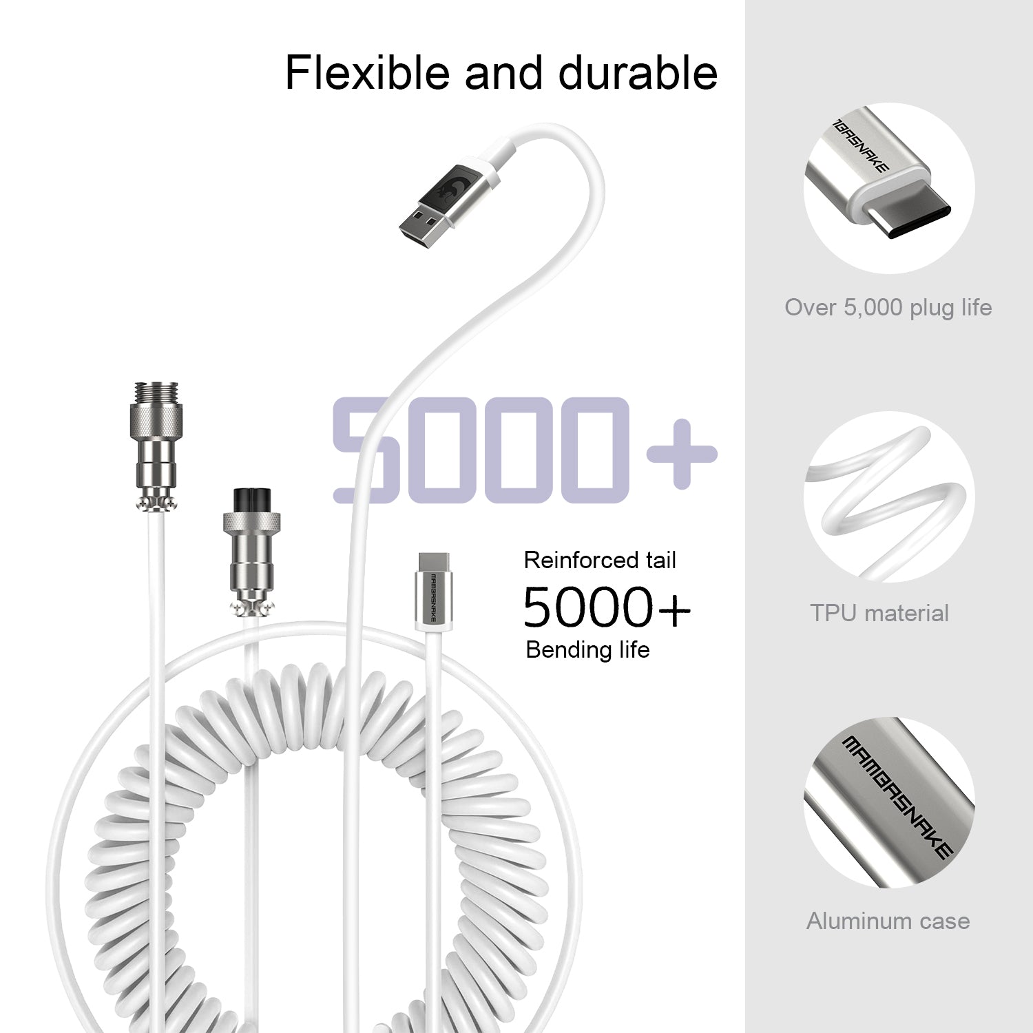 Durable coiled USB-C keyboard cable with reinforced tail and aluminum connector.