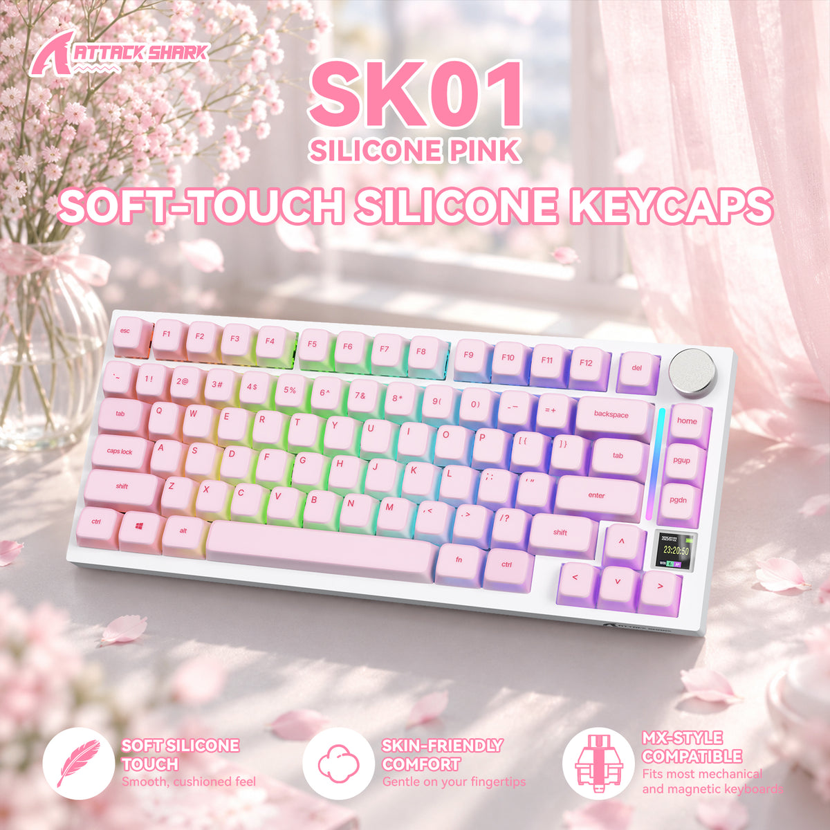 ATTACK SHARK SK01 113 Keys Silicone Keycap Set, Cherry Profile, ANSI, Pink