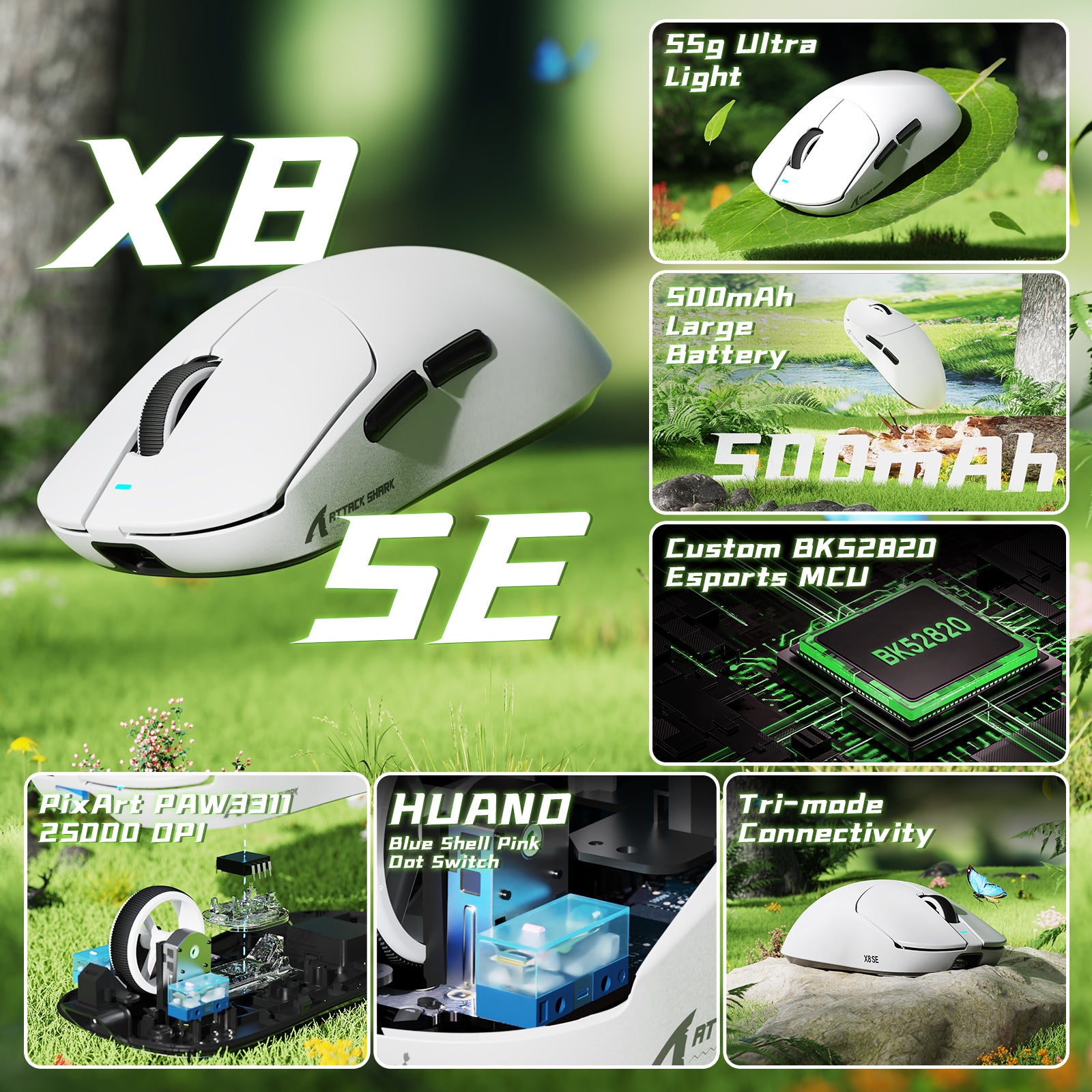 ATTACK SHARK X8SE Kabellose Tri-Mode-Gaming-Maus, 25.000 DPI, ultraleicht