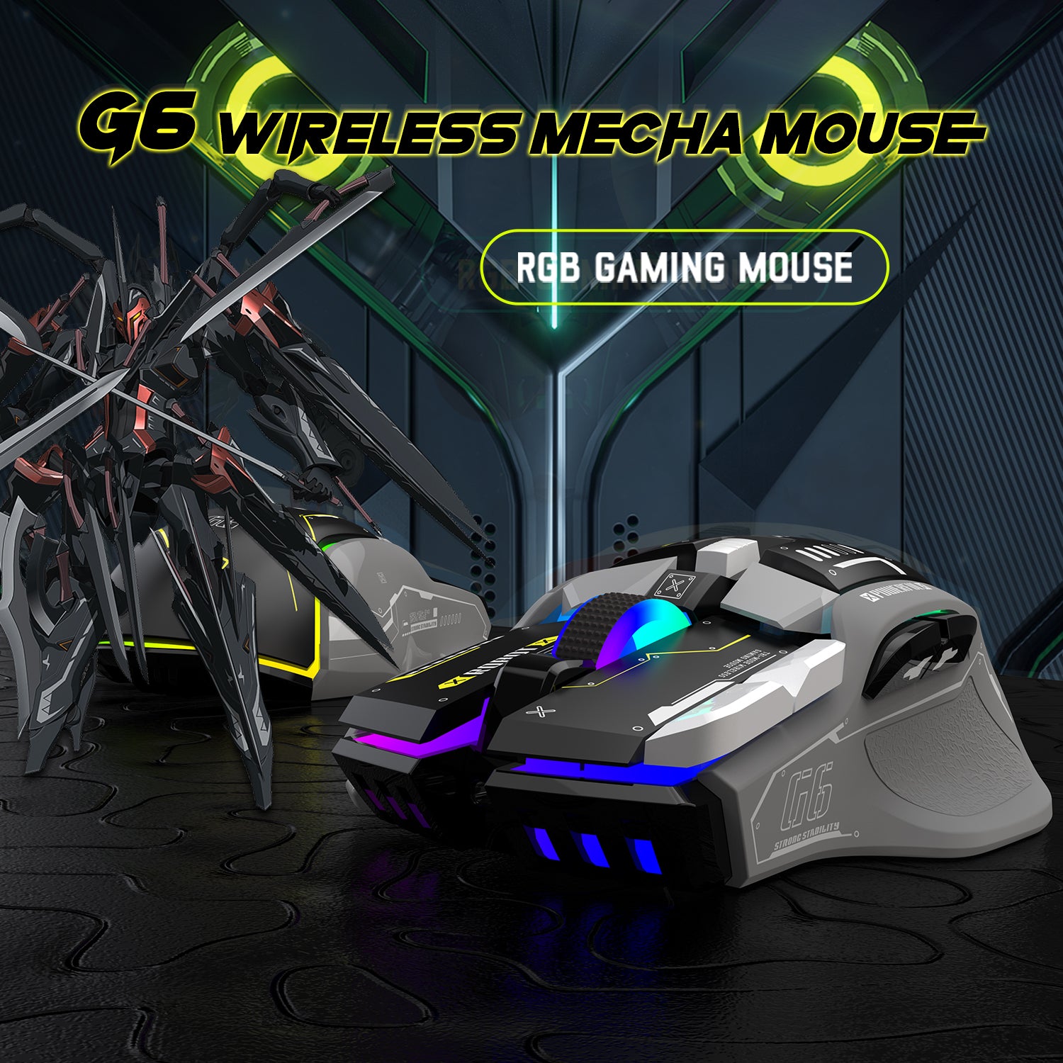 G6 Wireless Mecha Gaming Mouse with RGB lighting next to a mechanical figure.