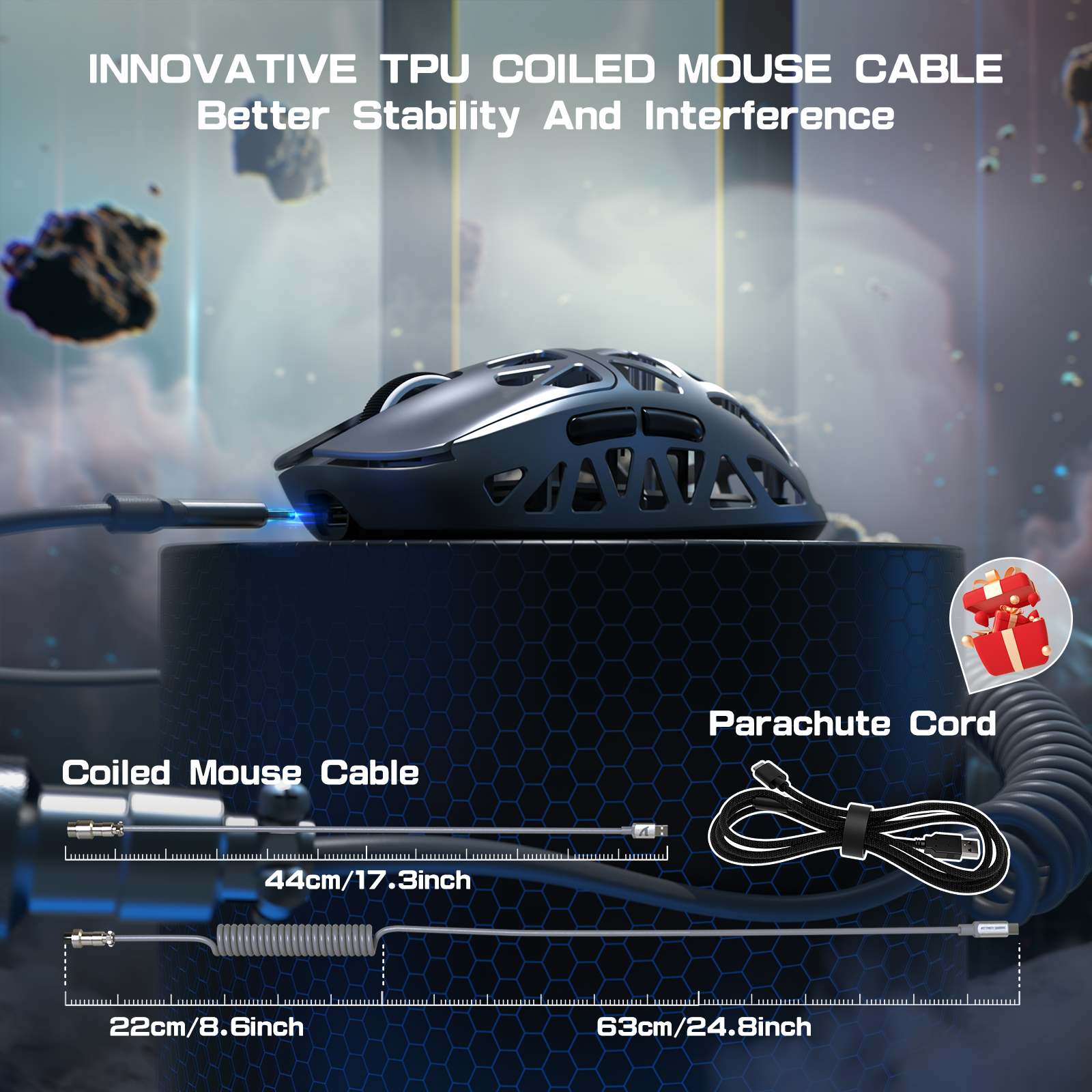 Coiled mouse cable and parachute cord for ATTACK SHARK R2PRO Gaming Mouse.