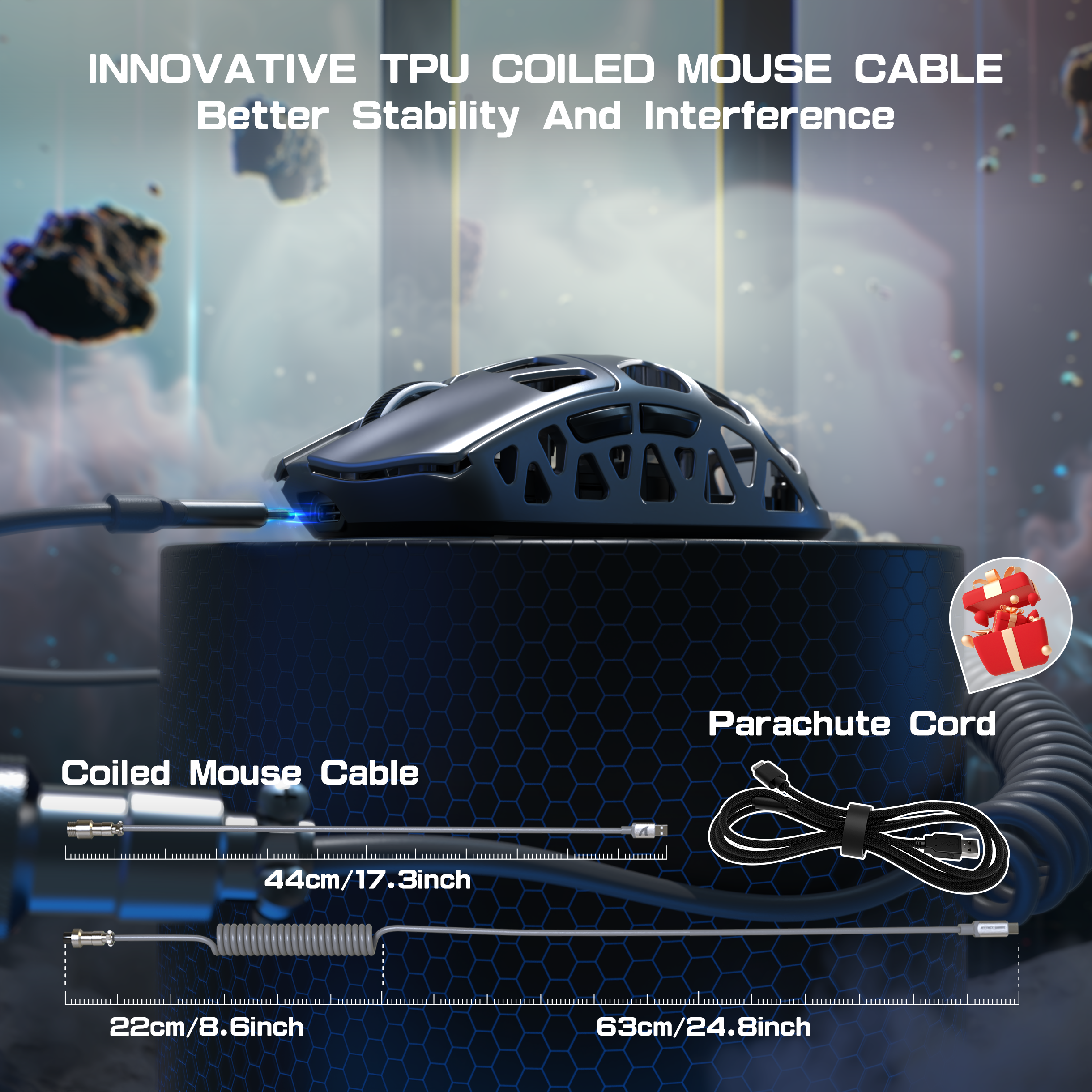 Attack Shark R3PRO gaming mouse with coiled TPU cable details for stability