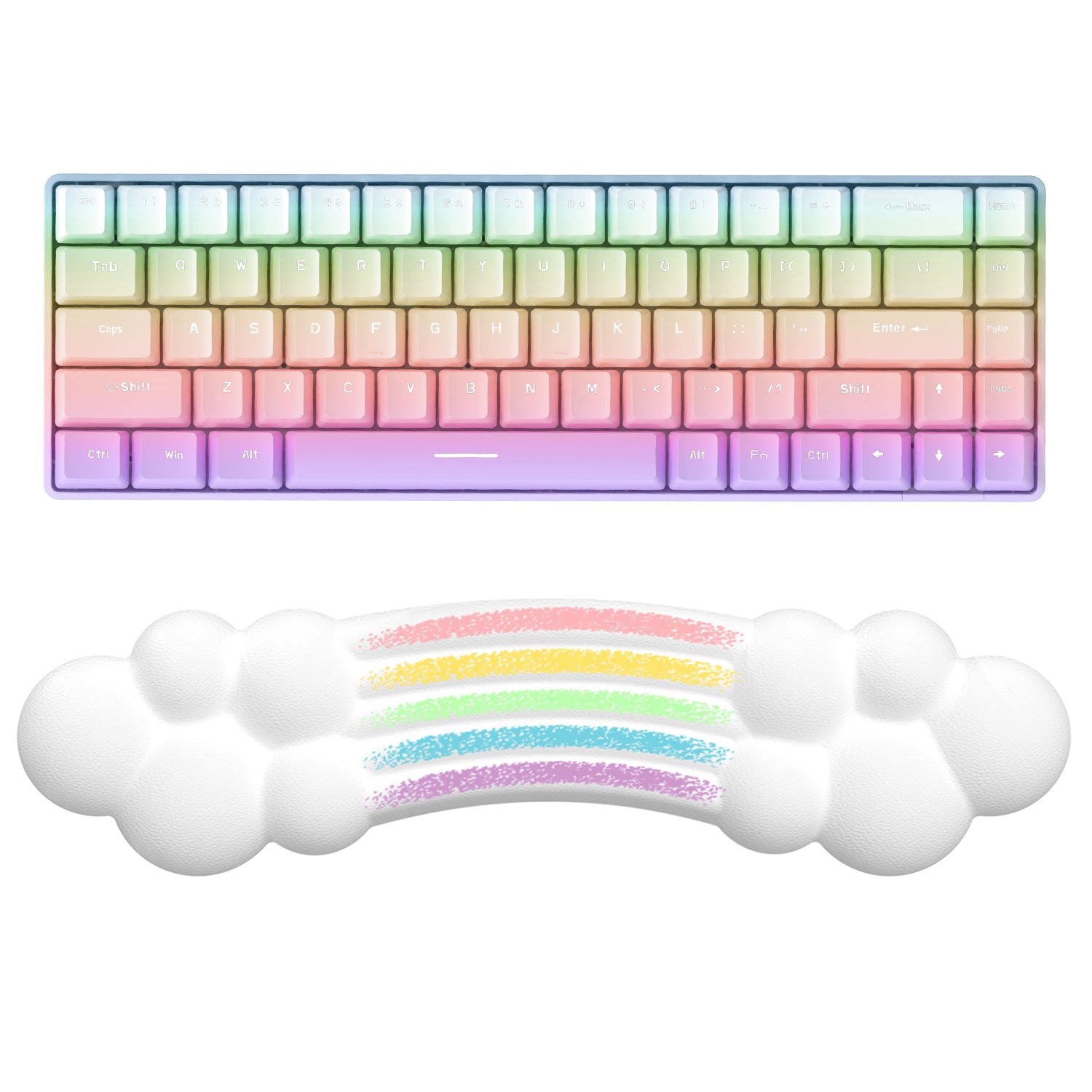 Rainbow cloud wrist rest with pastel gradient keyboard above it