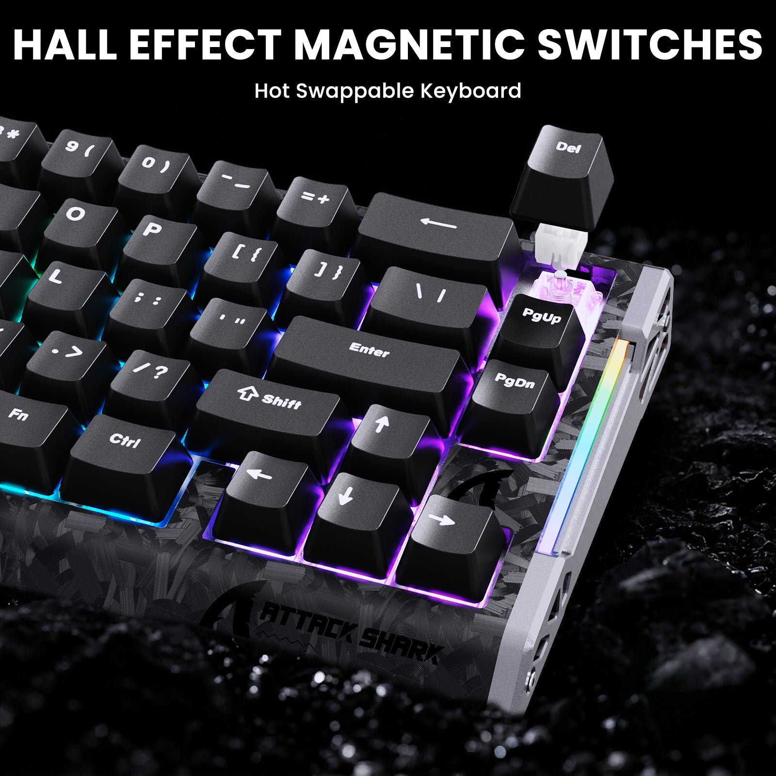 Attack Shark hot-swappable gaming keyboard with Hall Effect magnetic switches and carbon fiber textured body.