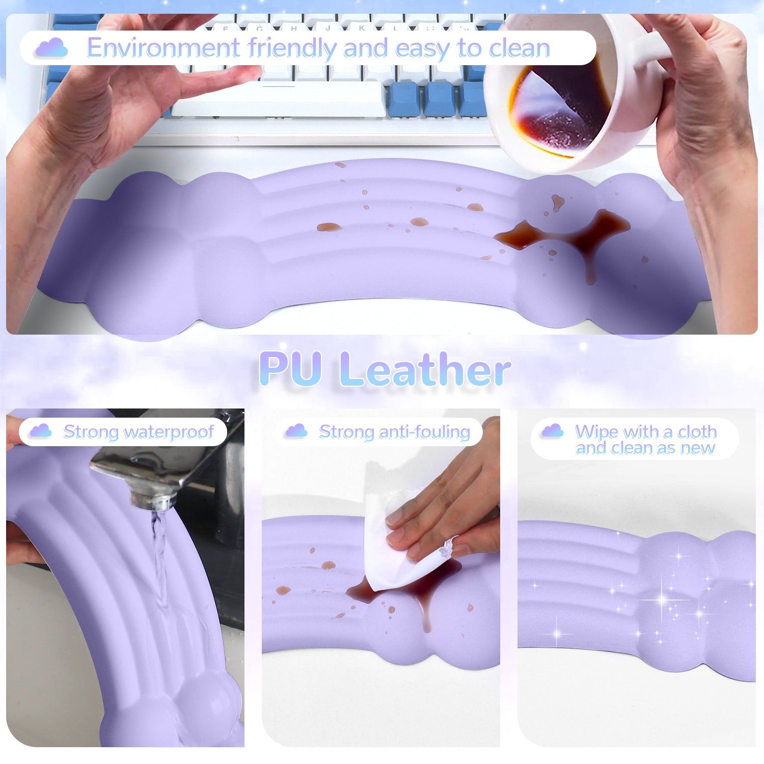 Waterproof purple rainbow cloud wrist rest with easy cleaning demonstration.