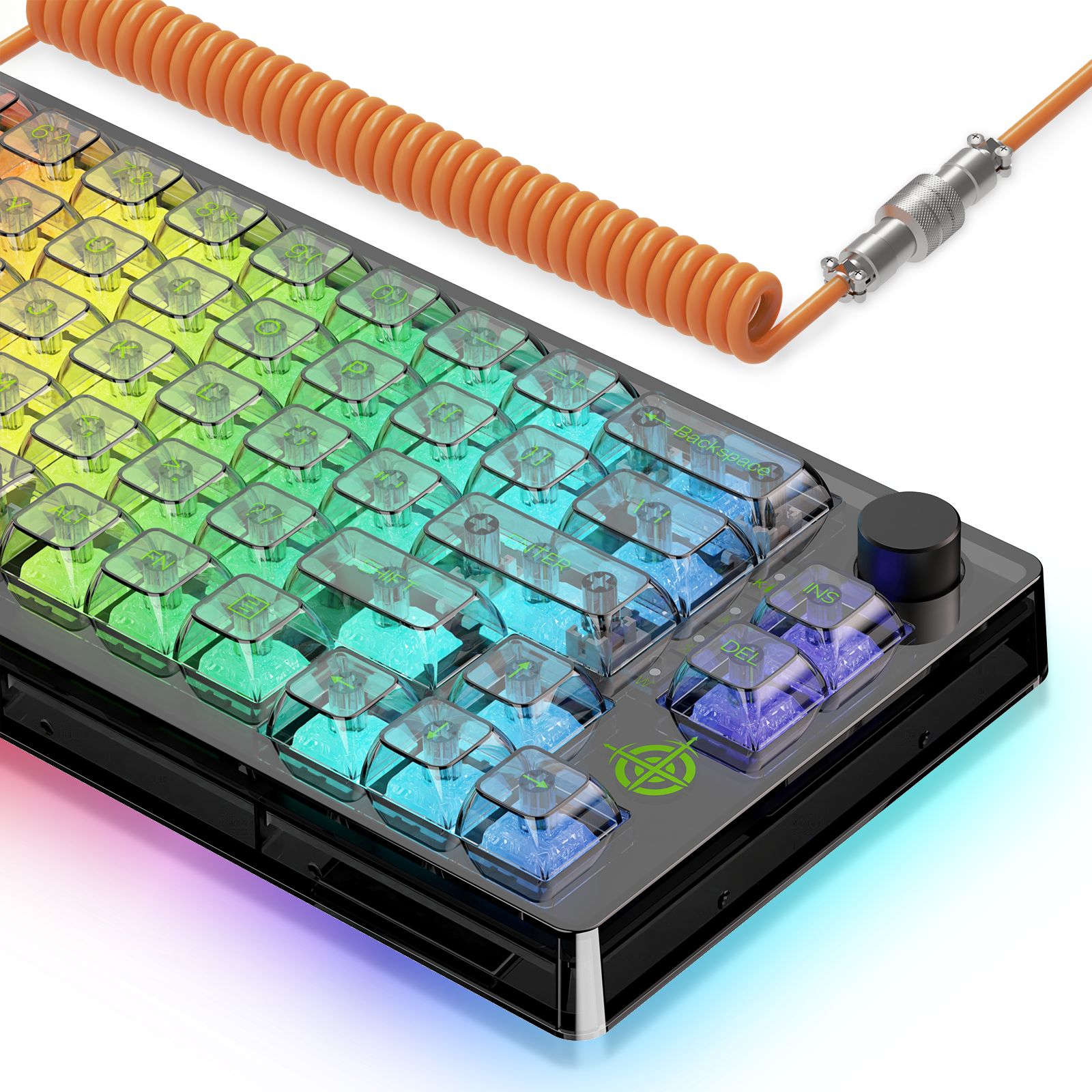 MK31 transparent RGB mechanical gaming keyboard with coiled USB-C cable and media knob.