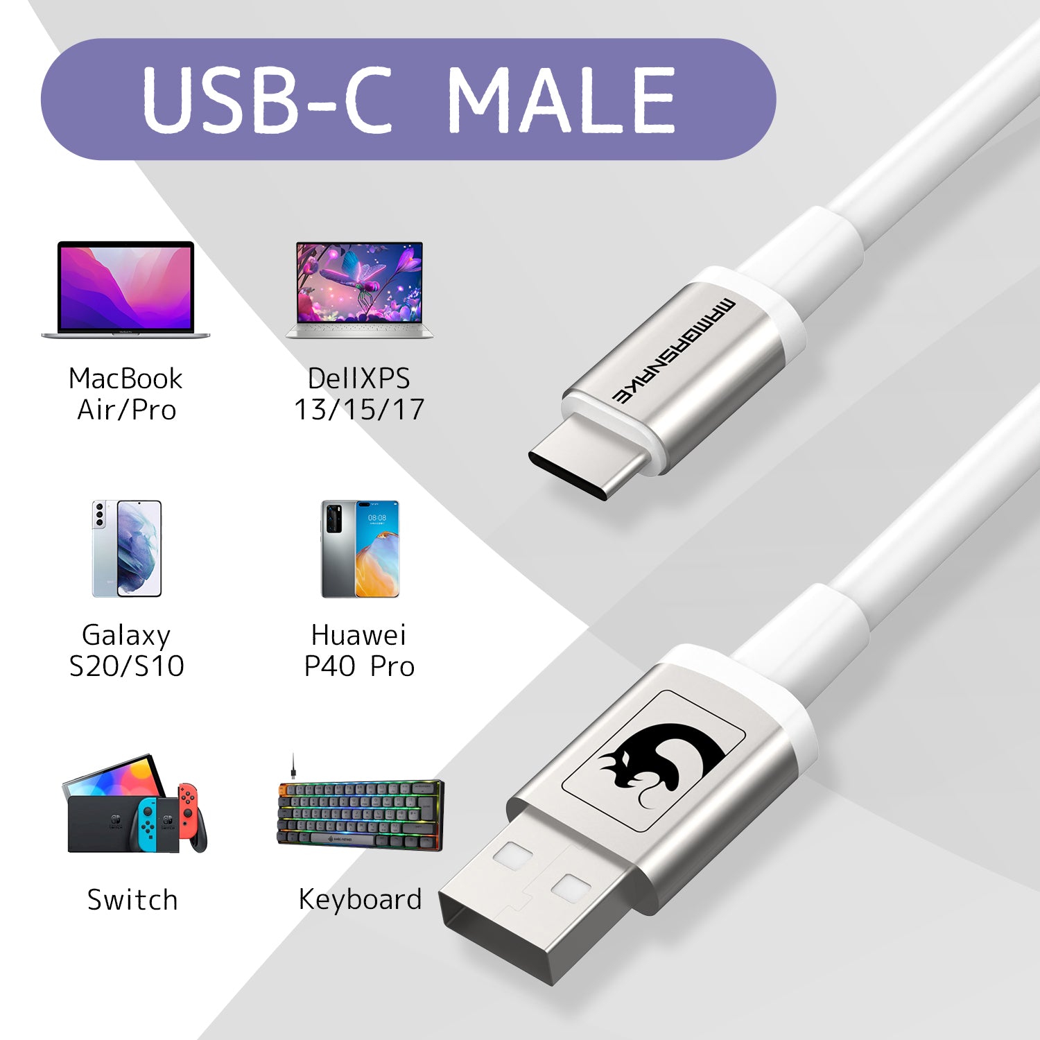 USB-C Male cable compatible with laptops and gaming consoles, sleek white design.