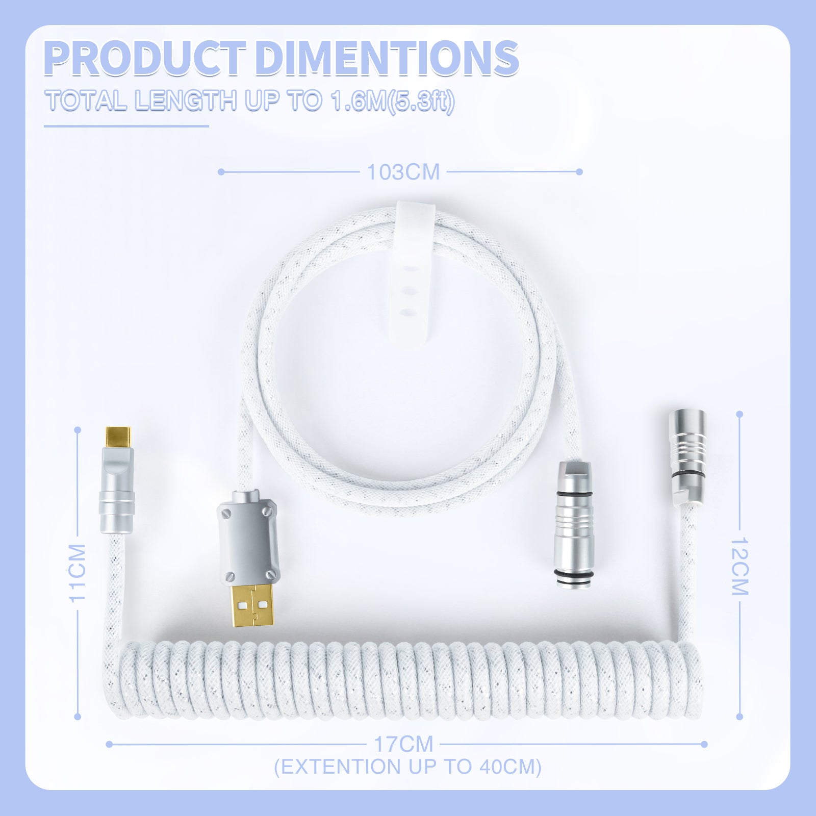 5.3ft white coiled USB cable with detachable connectors and braided sleeve for versatility.