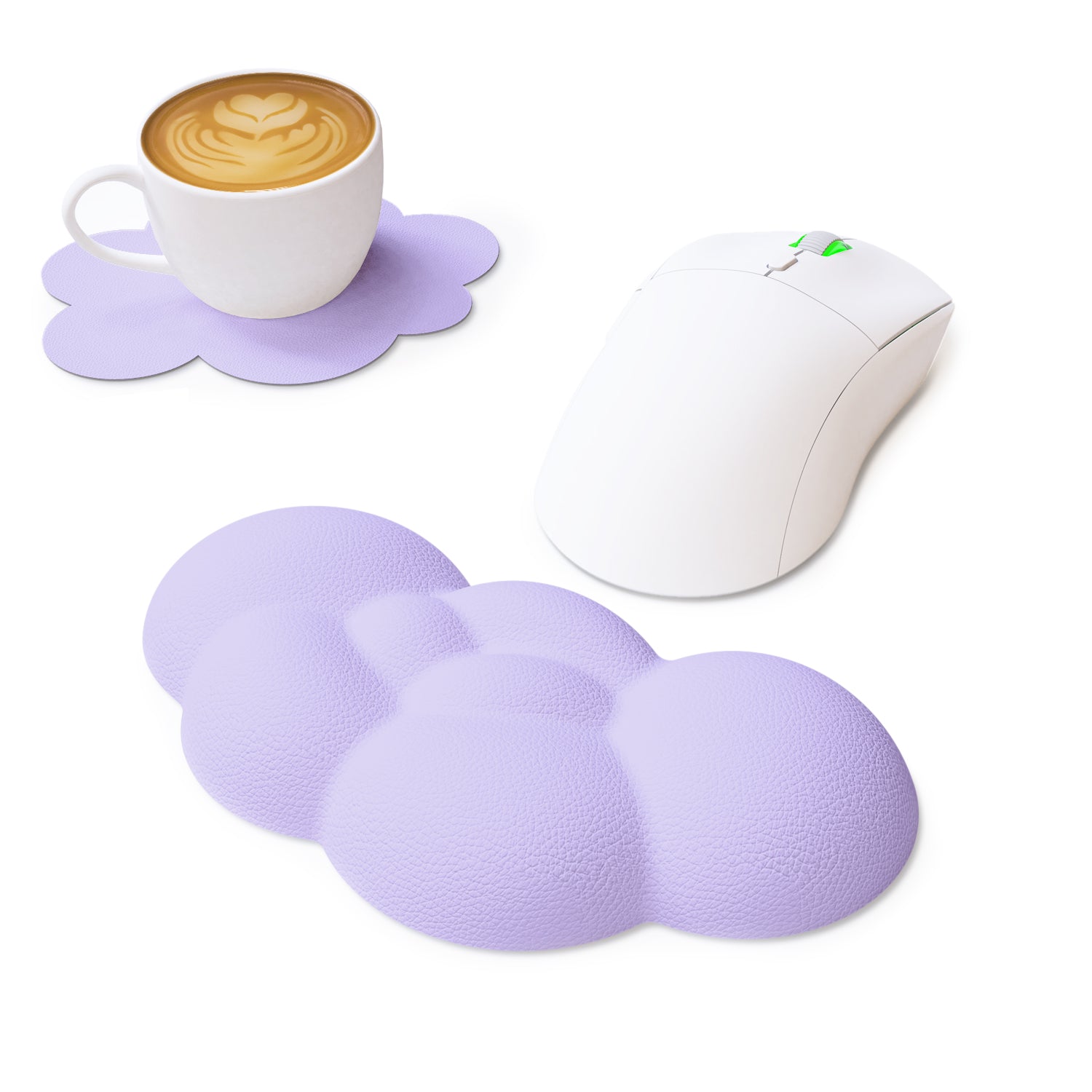 Lavender cloud-shaped wrist rest and coaster set with a white gaming mouse and coffee cup