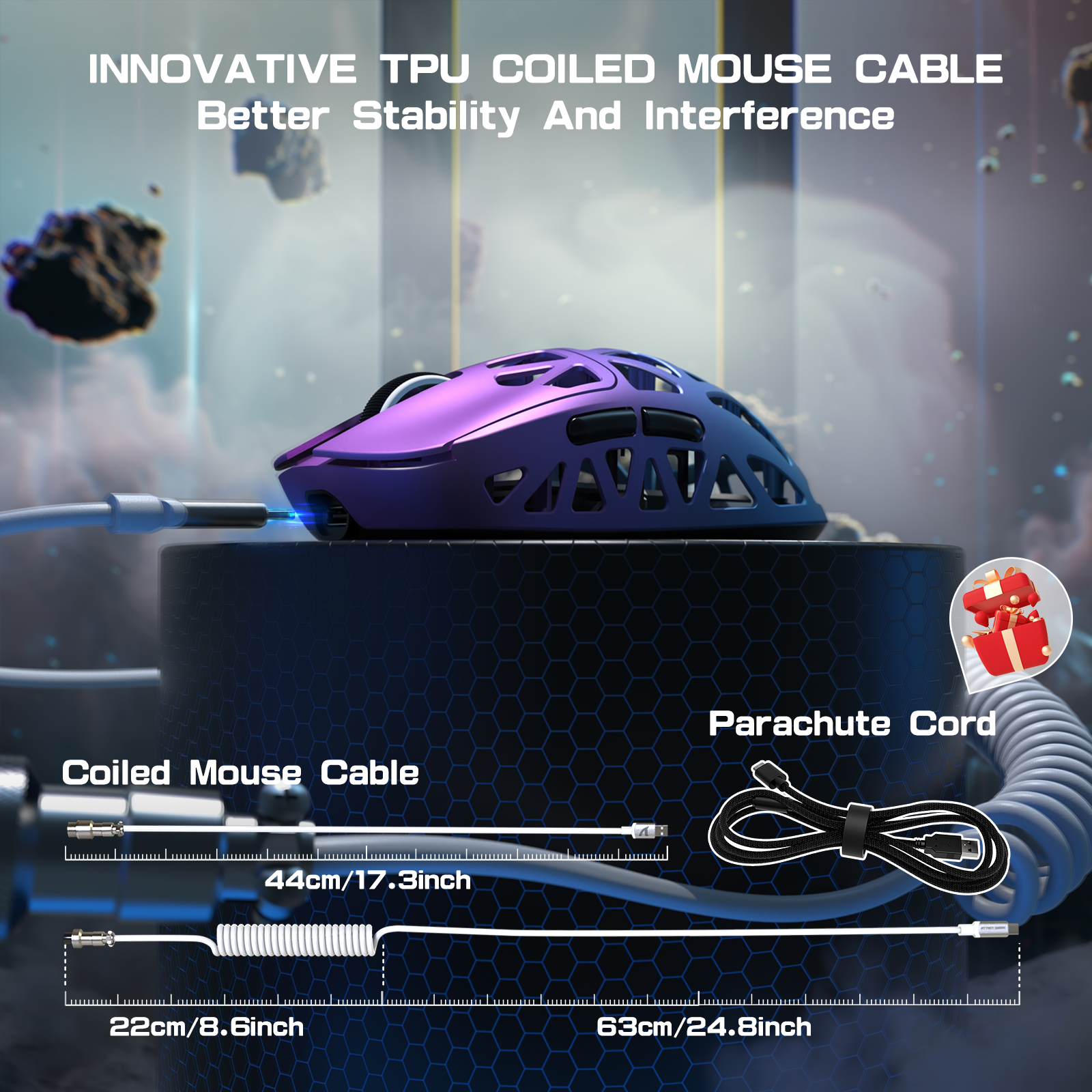 R2PRO Gaming Mouse with innovative TPU coiled cable and parachute cord for stability.