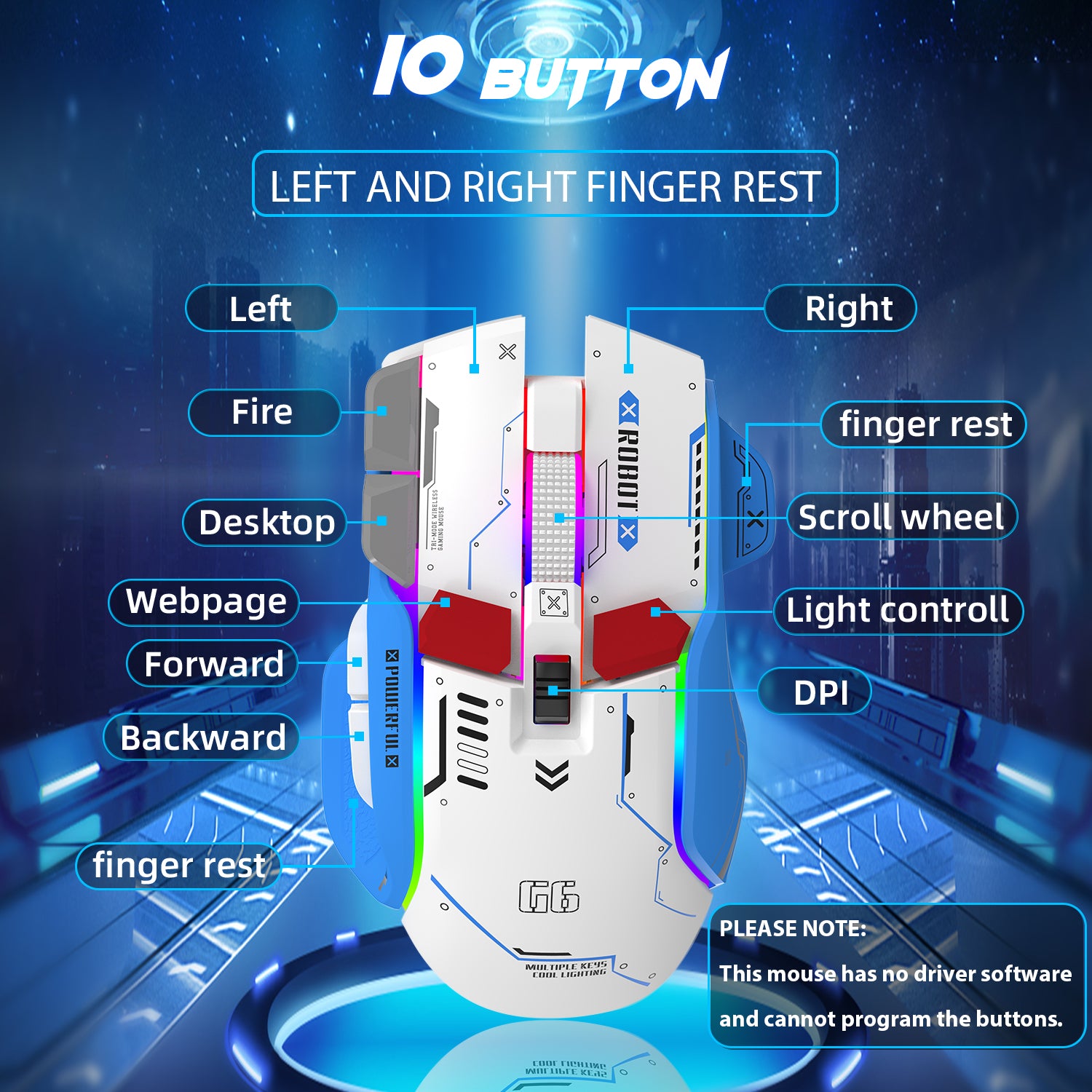 Attack Shark G6 gaming mouse with 10 labeled buttons and ergonomic finger rests.