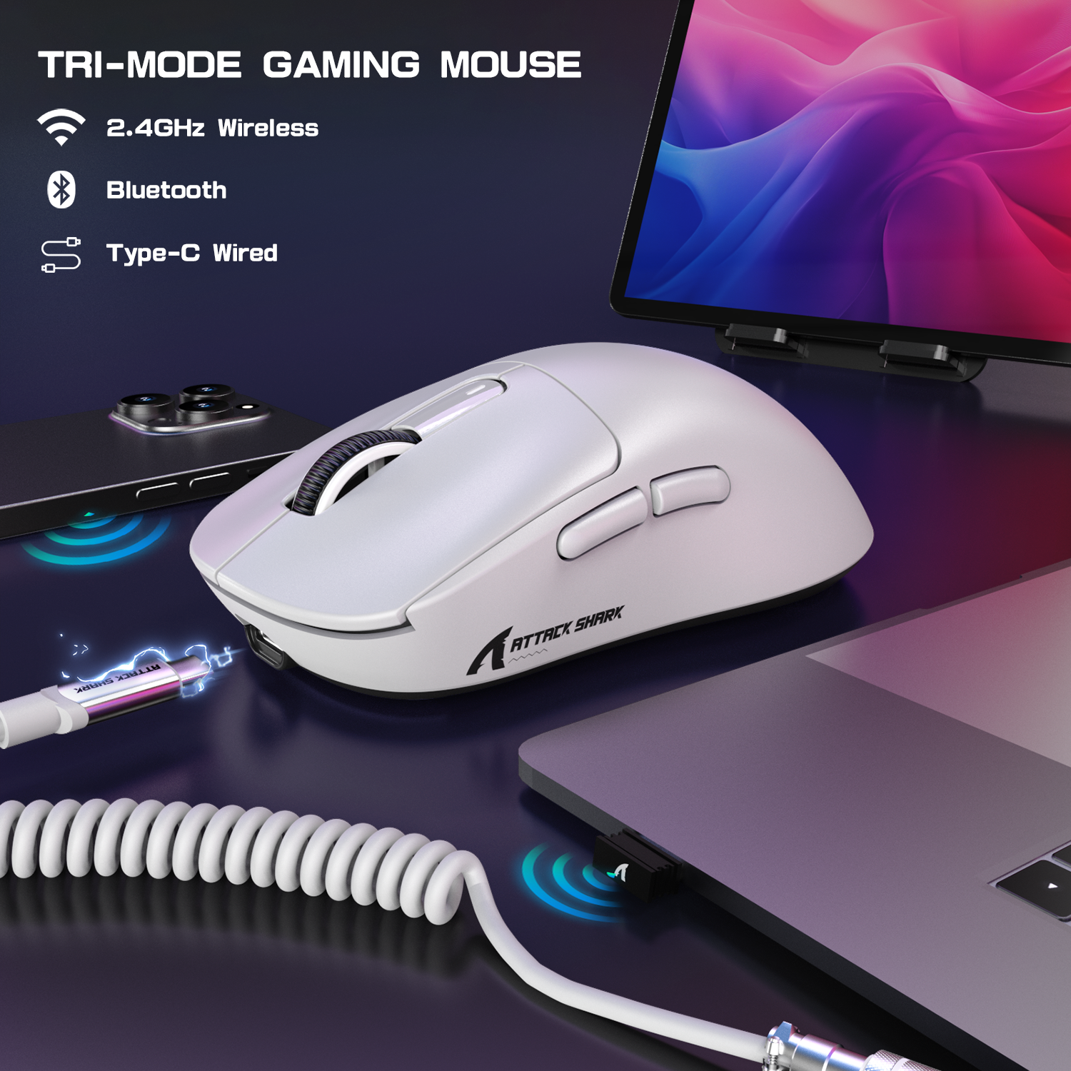 Attack Shark X3MAX white gaming mouse showcasing tri-mode connectivity options