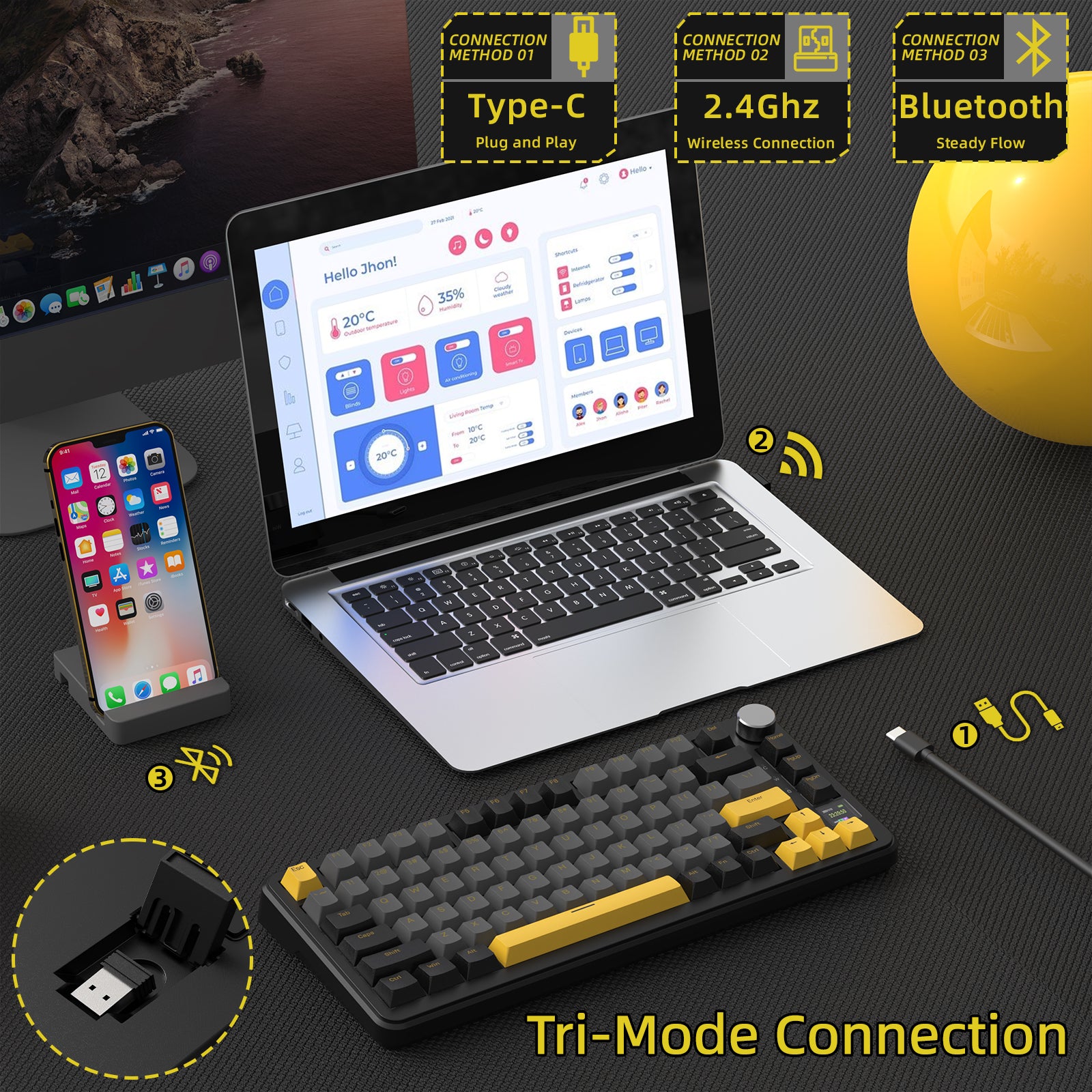 X85PRO keyboard with yellow-gray keycaps demonstrating tri-mode connectivity options.