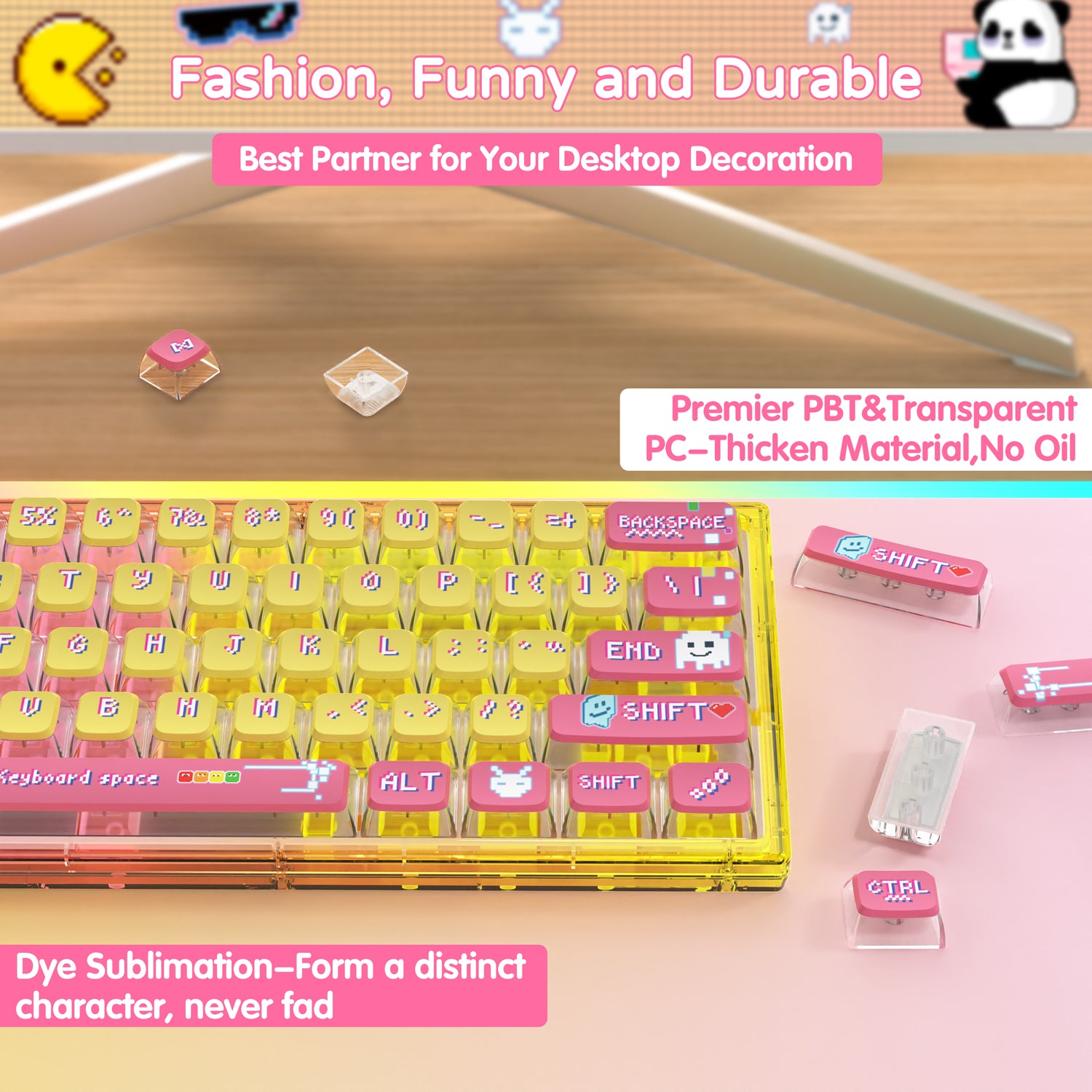 Pink mechanical keyboard with kawaii character keycaps and vibrant dye sublimation design.