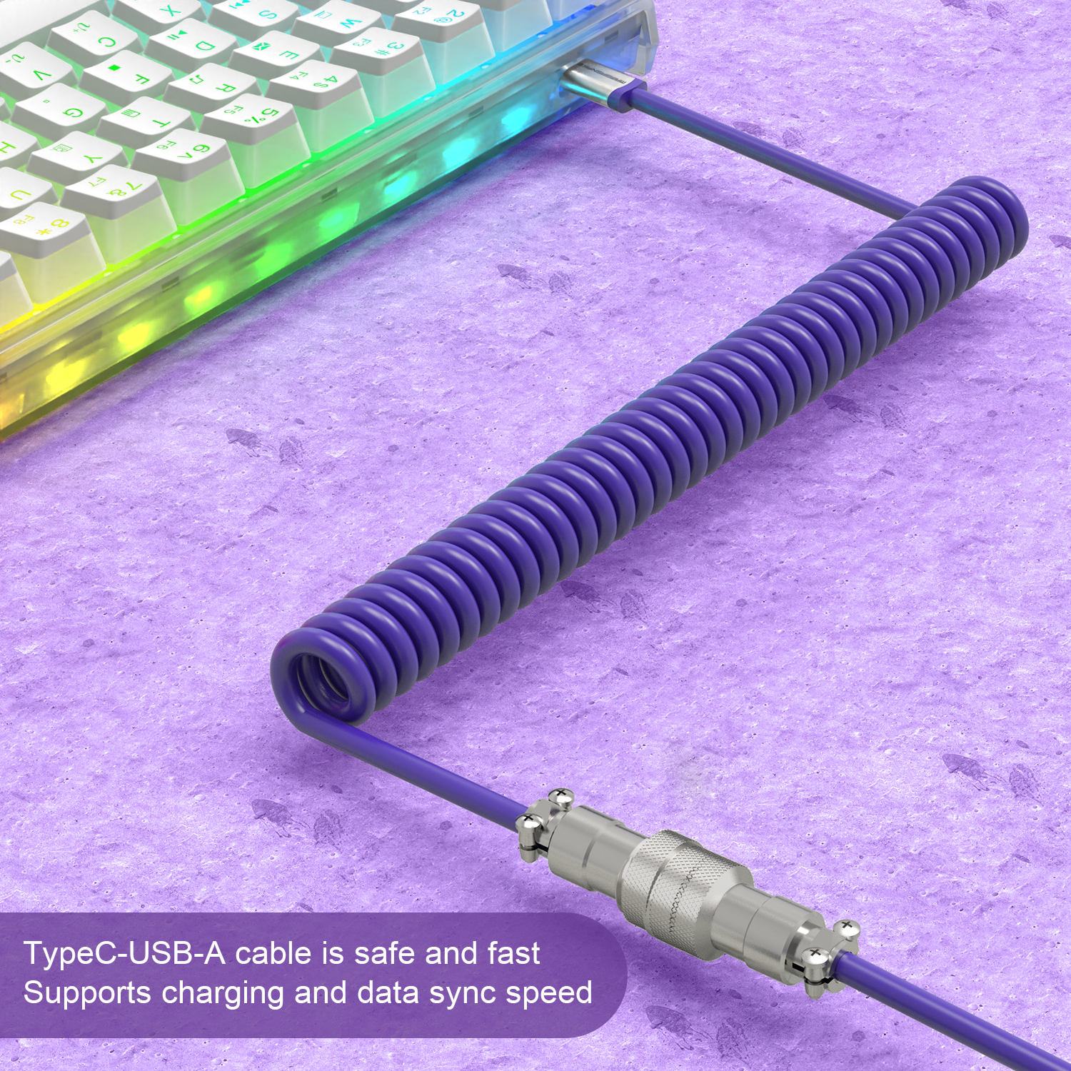 Purple coiled USB-C cable with aviator connector, supports charging and data sync.