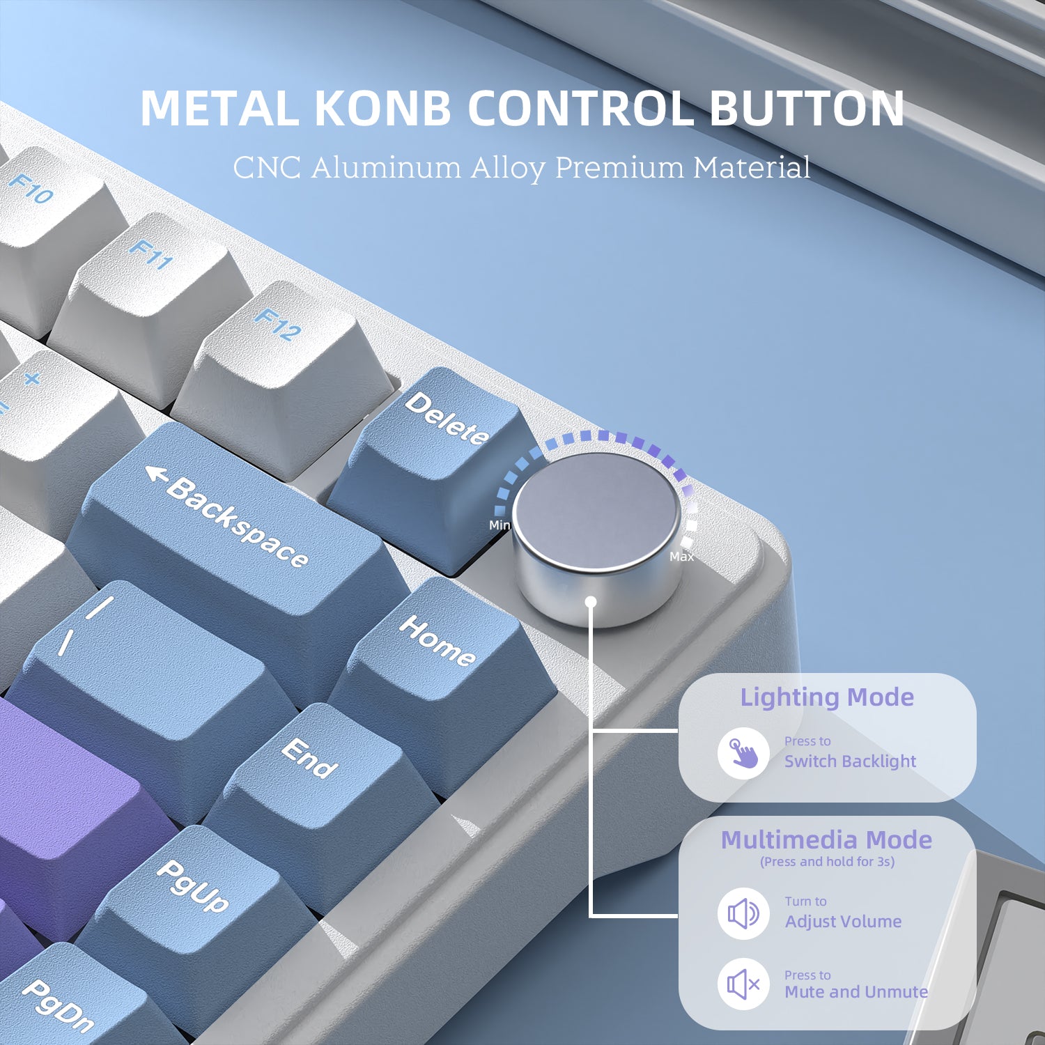 Attack Shark X85 keyboard with aluminum control knob for lighting and volume adjustments.