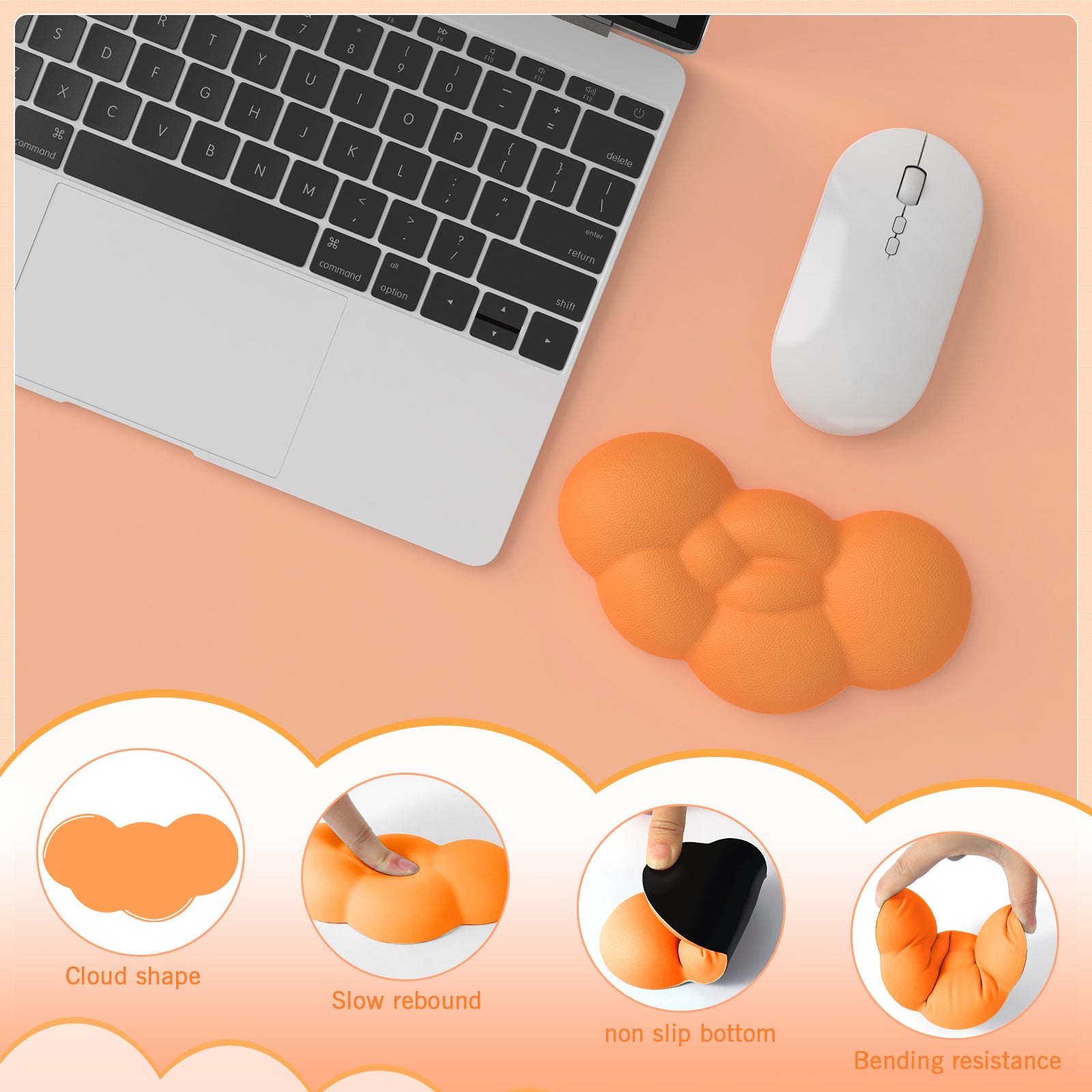 Cloud-shaped orange wrist rest with non-slip base next to a white gaming mouse on laptop