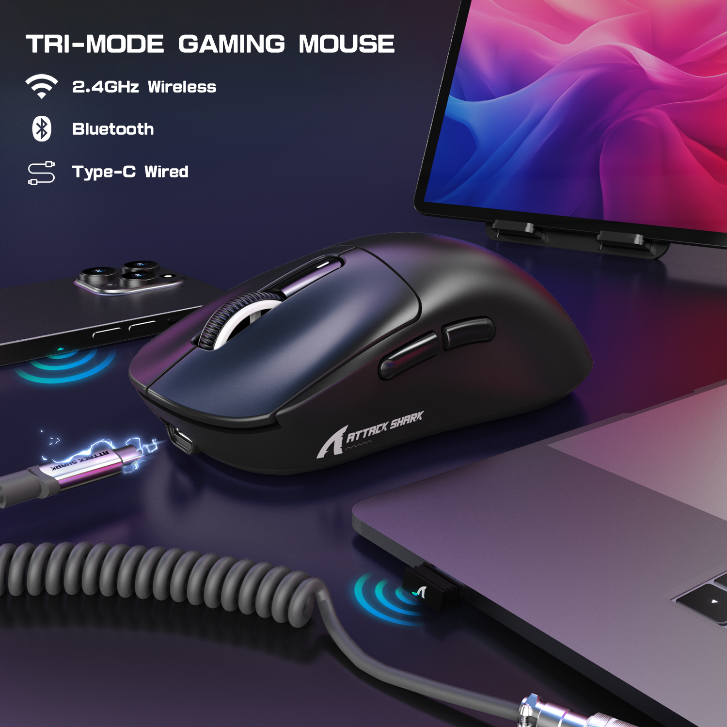 Black Attack Shark X3MAX wireless gaming mouse featuring tri-mode connectivity options.