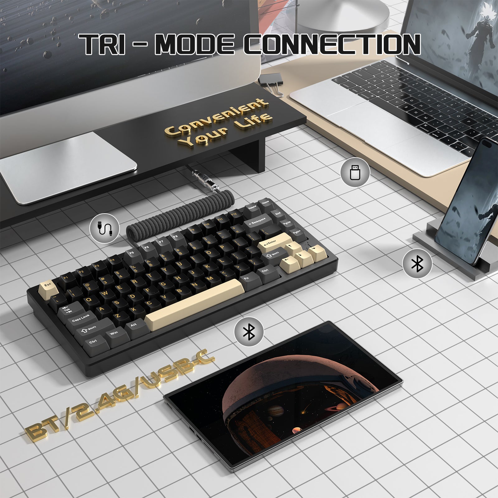 ATTACK SHARK X75 keyboard with tri-mode connection on a modern workspace tabletop.