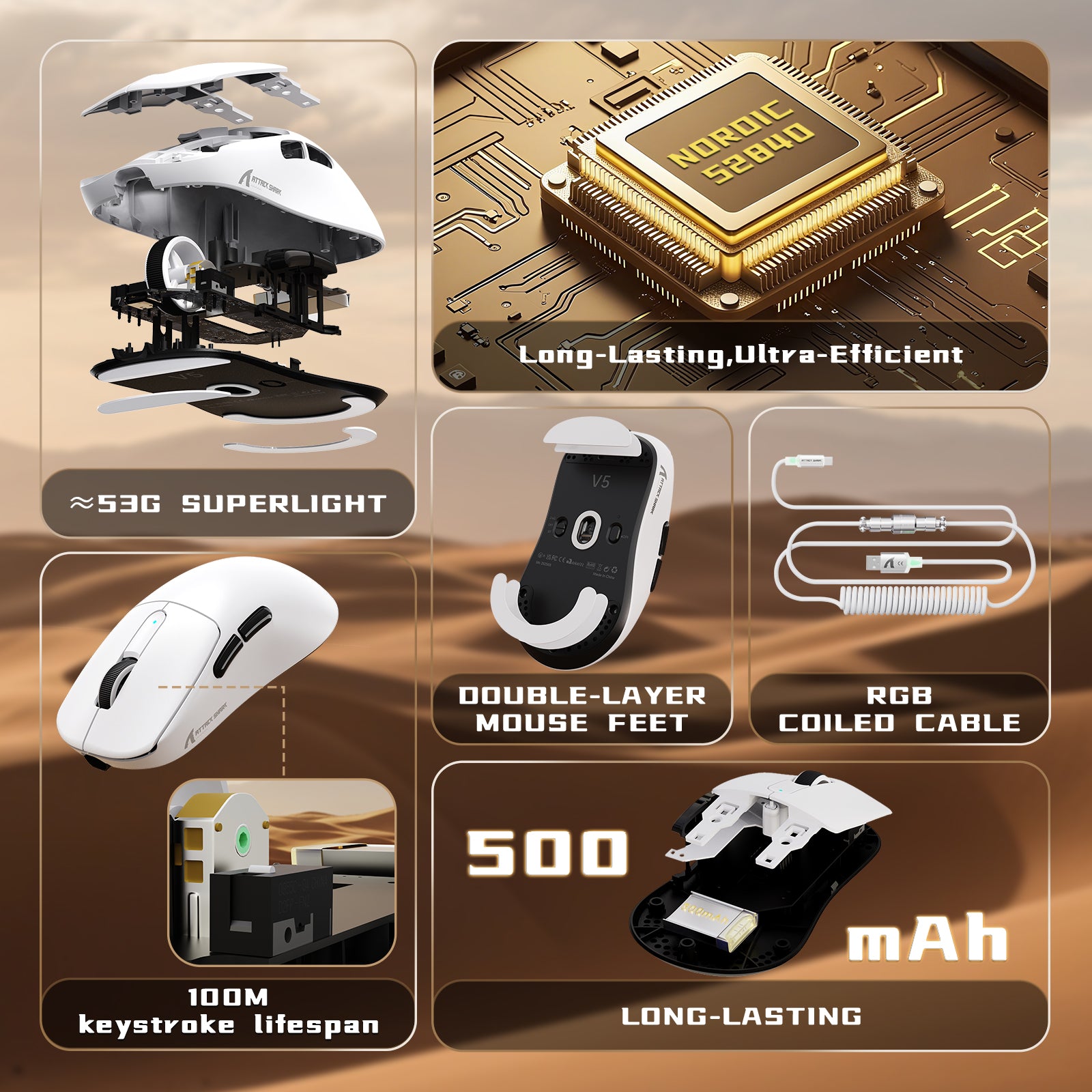 ATTACK SHARK V5 8KHz Wireless PAW3950MAX Gaming Mouse with C06 Ultra Cable