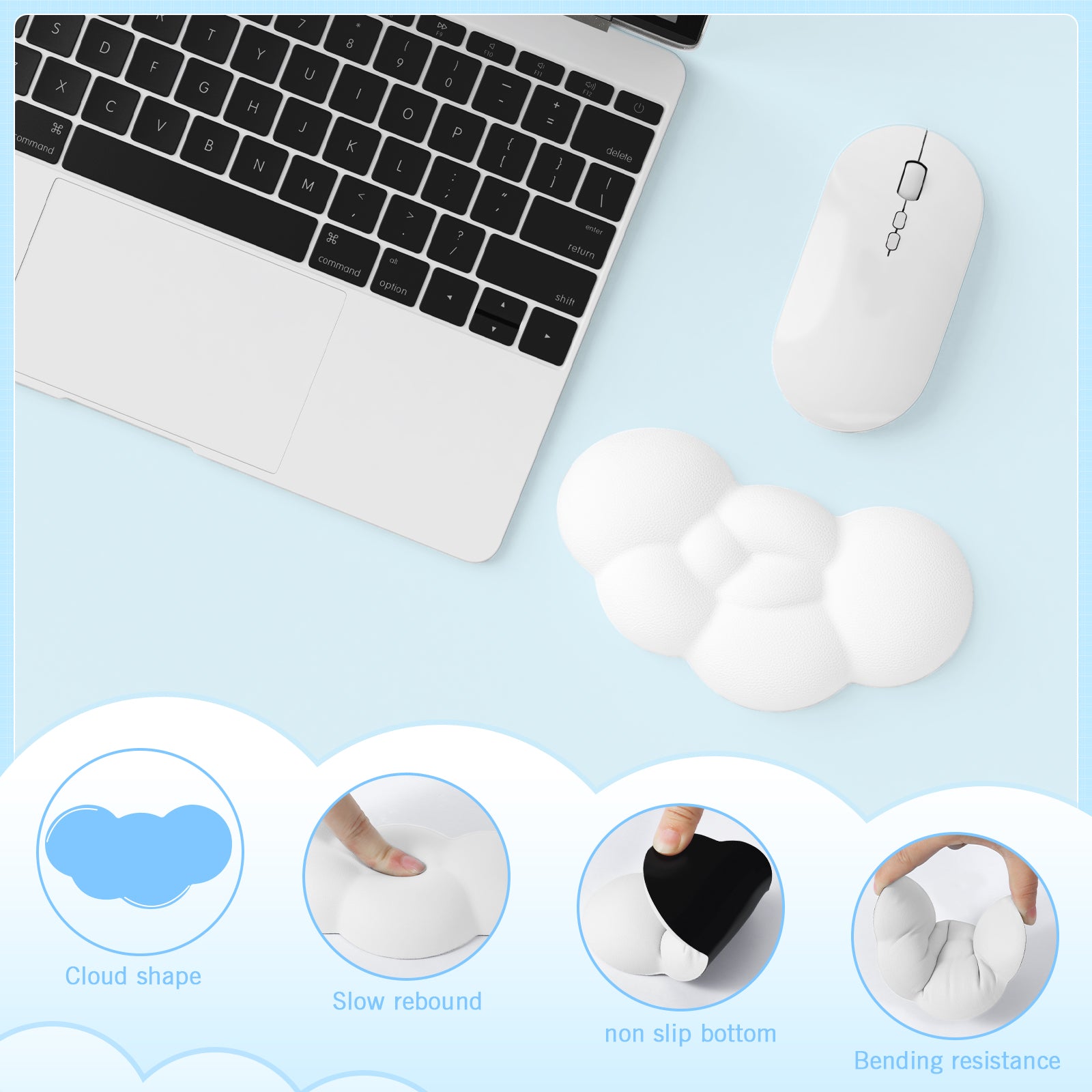 Ergonomic cloud-shaped wrist rest with laptop and gaming mouse on light blue surface