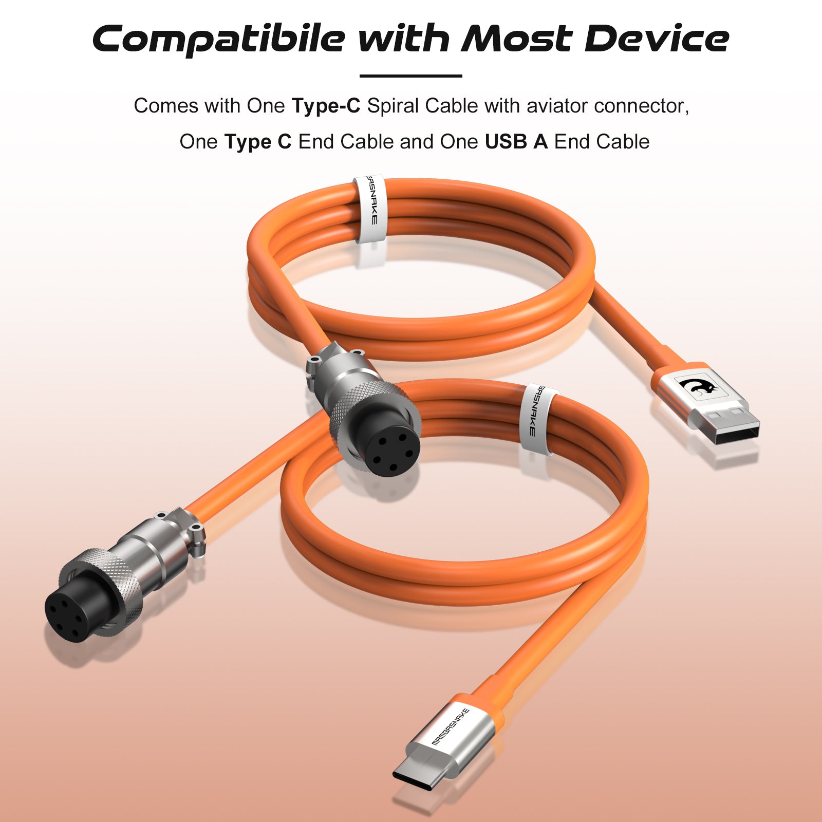 Vitality Orange coiled USB cable with detachable aviation plug for Type-C and USB-A compatibility.