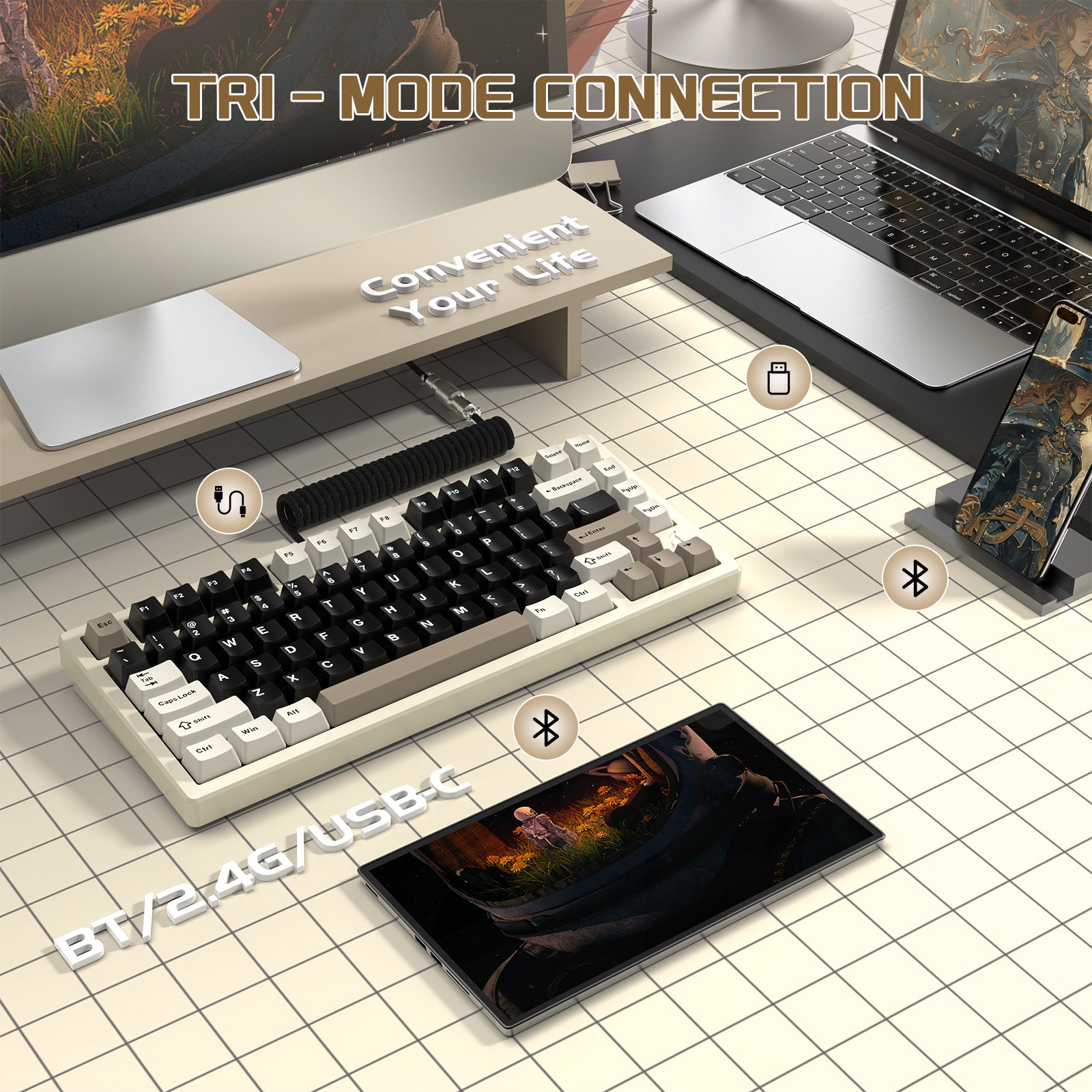 ATTACK SHARK X75 keyboard displaying tri-mode connection with laptop and tablet.