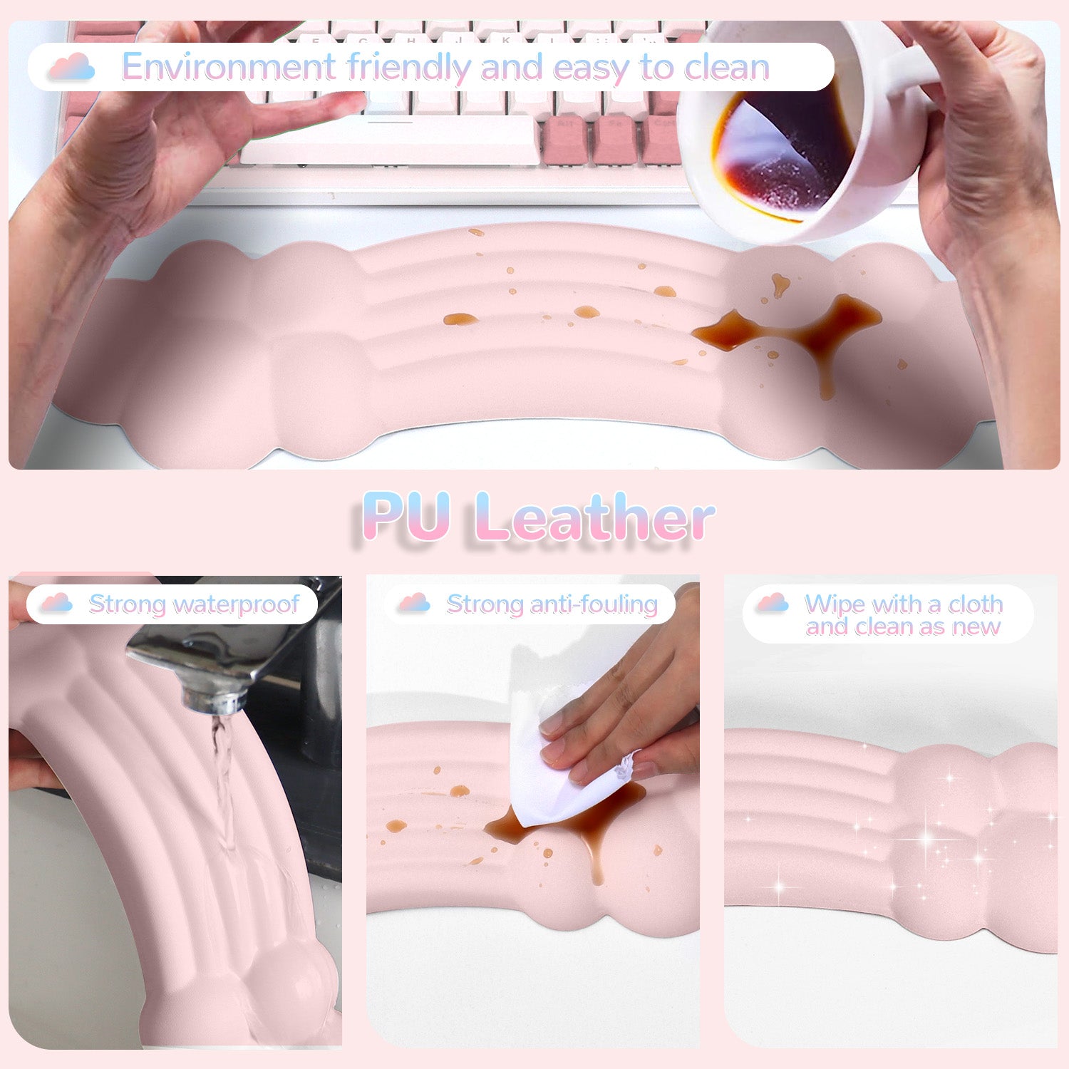 Pink rainbow cloud wrist rest features water-resistant PU leather and easy cleaning demonstration.