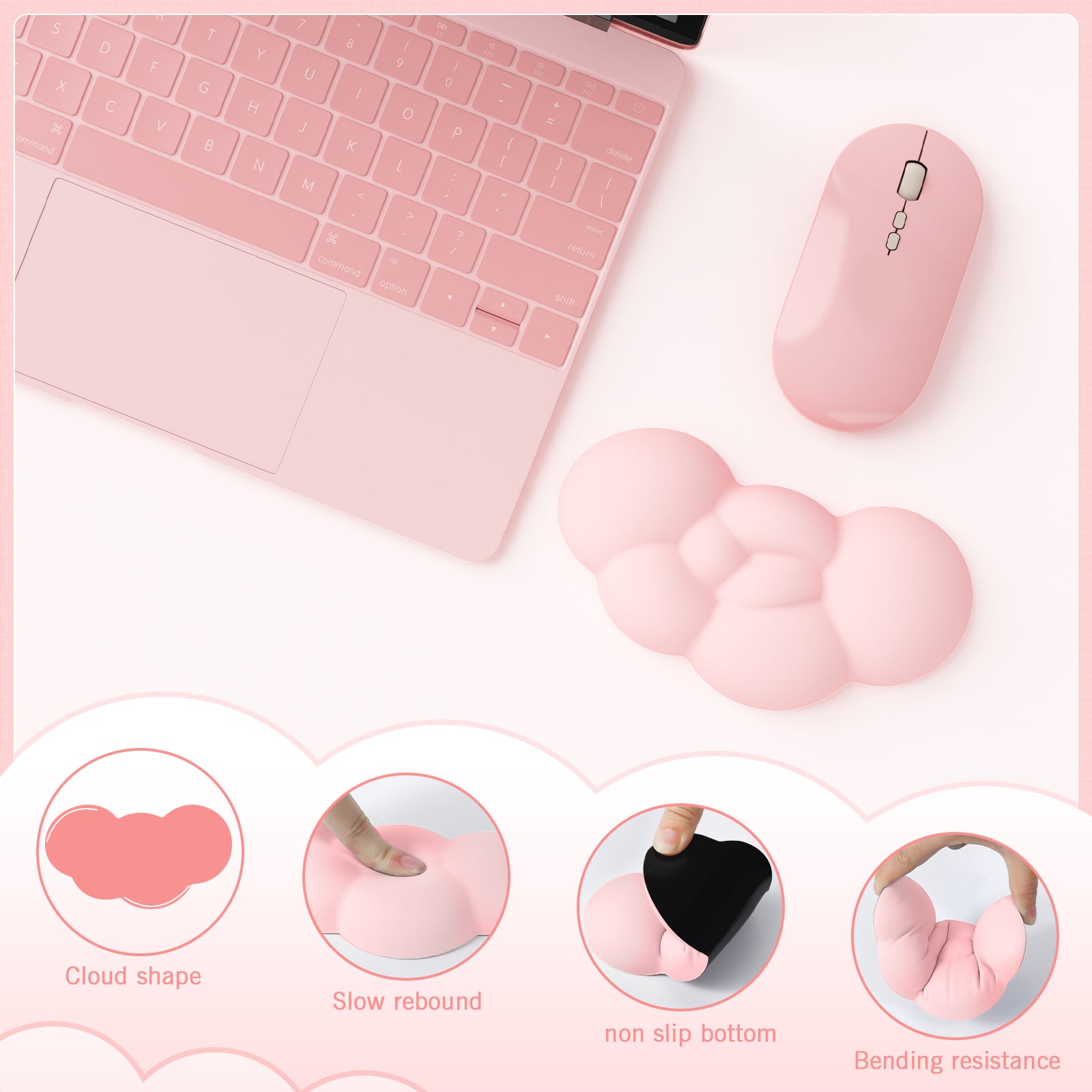 Pink cloud-shaped wrist rest with non-slip base next to a pink gaming mouse and keyboard.