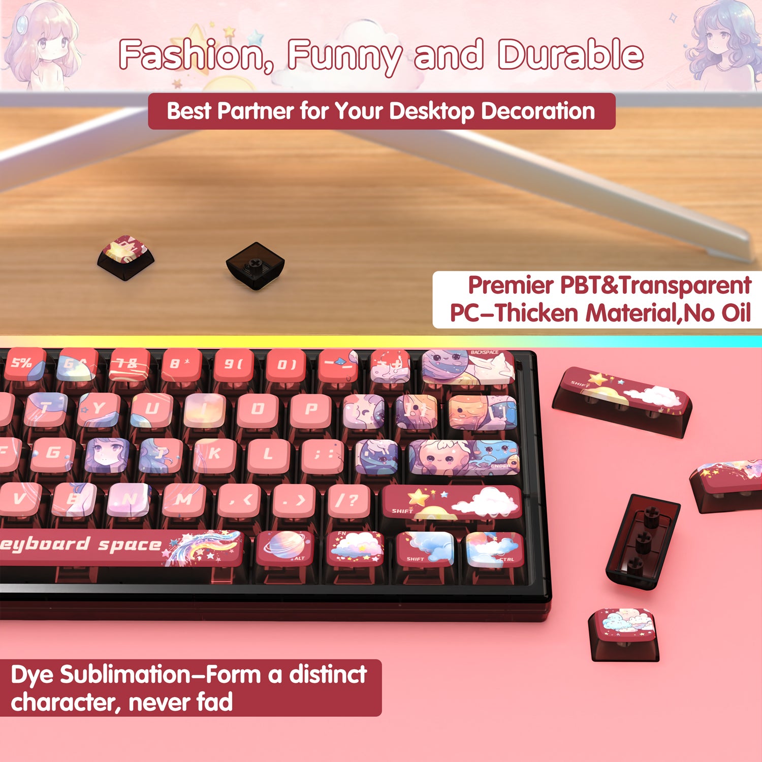 Colorful kawaii keycaps set with cloud designs for mechanical keyboards.