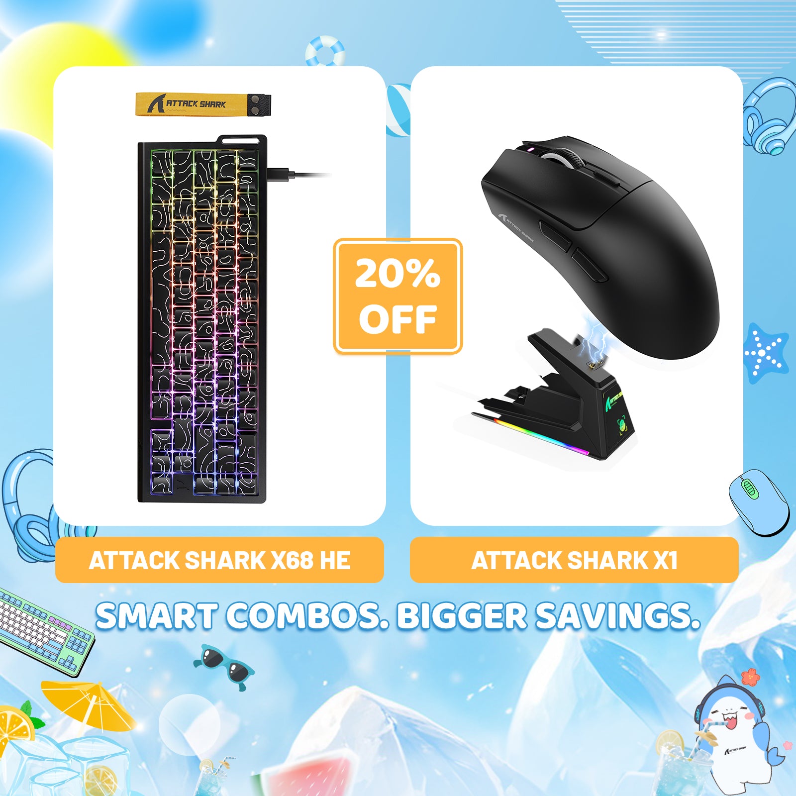 Pack clavier à déclenchement rapide ATTACK SHARK X68HE + souris de jeu sans fil X1