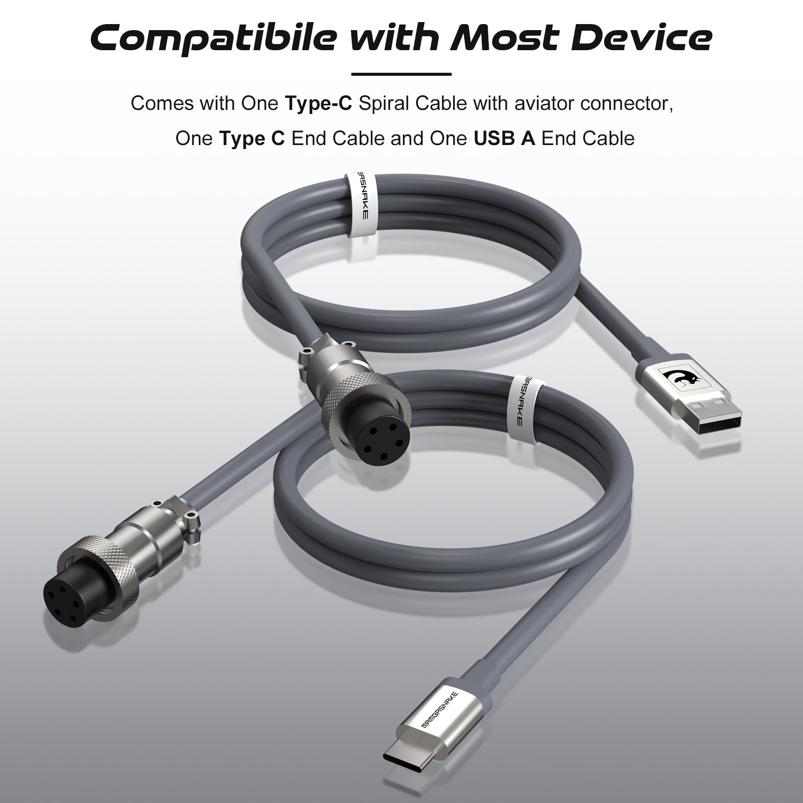 Coiled USB cable with Type-C and USB-A connectors showing detachable metal plug.