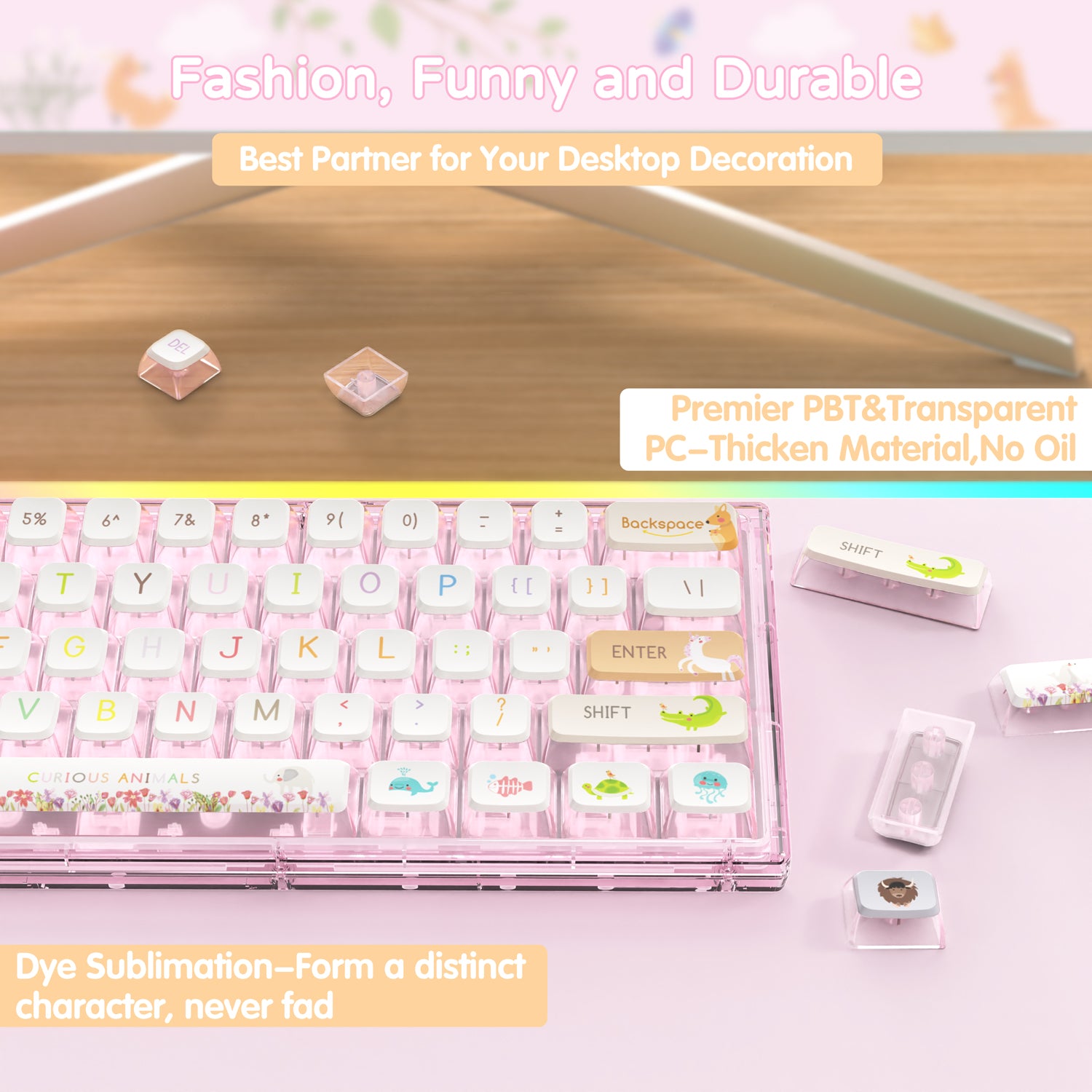 Pink keyboard with kawaii animal keycaps and dye-sublimation design for vibrant colors.