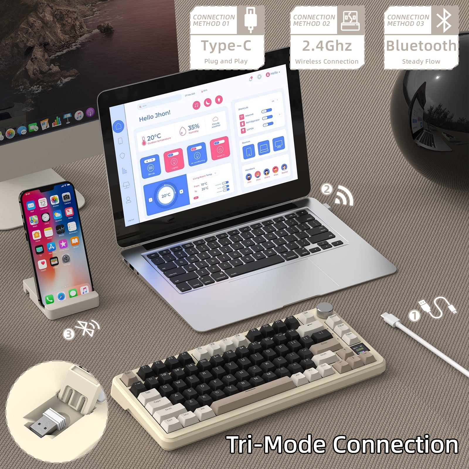 X85PRO keyboard demonstrating tri-mode connectivity with Type-C, Bluetooth, and 2.4GHz.