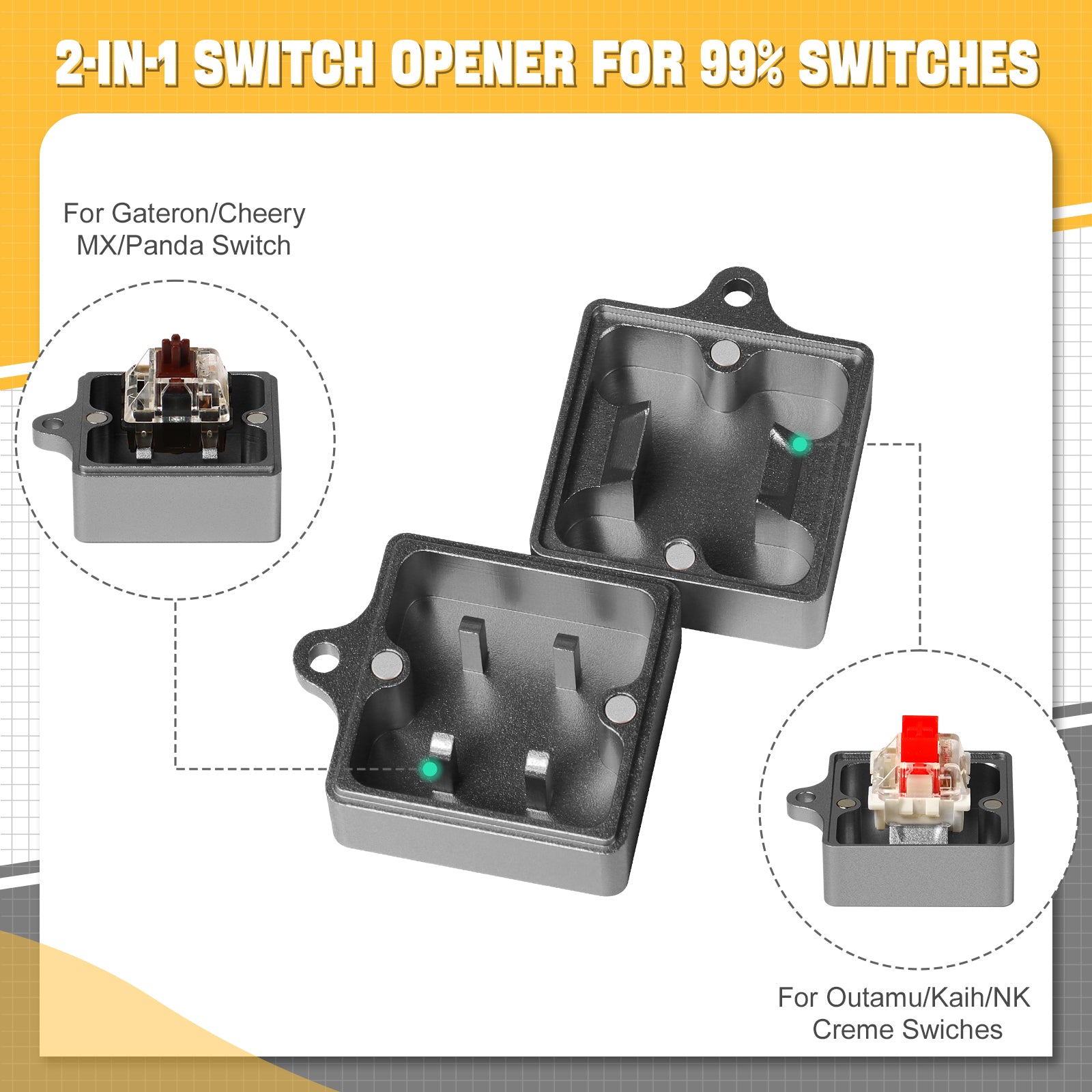 2-in-1 switch opener compatible with Gateron, Cherry MX, Outemu switches.