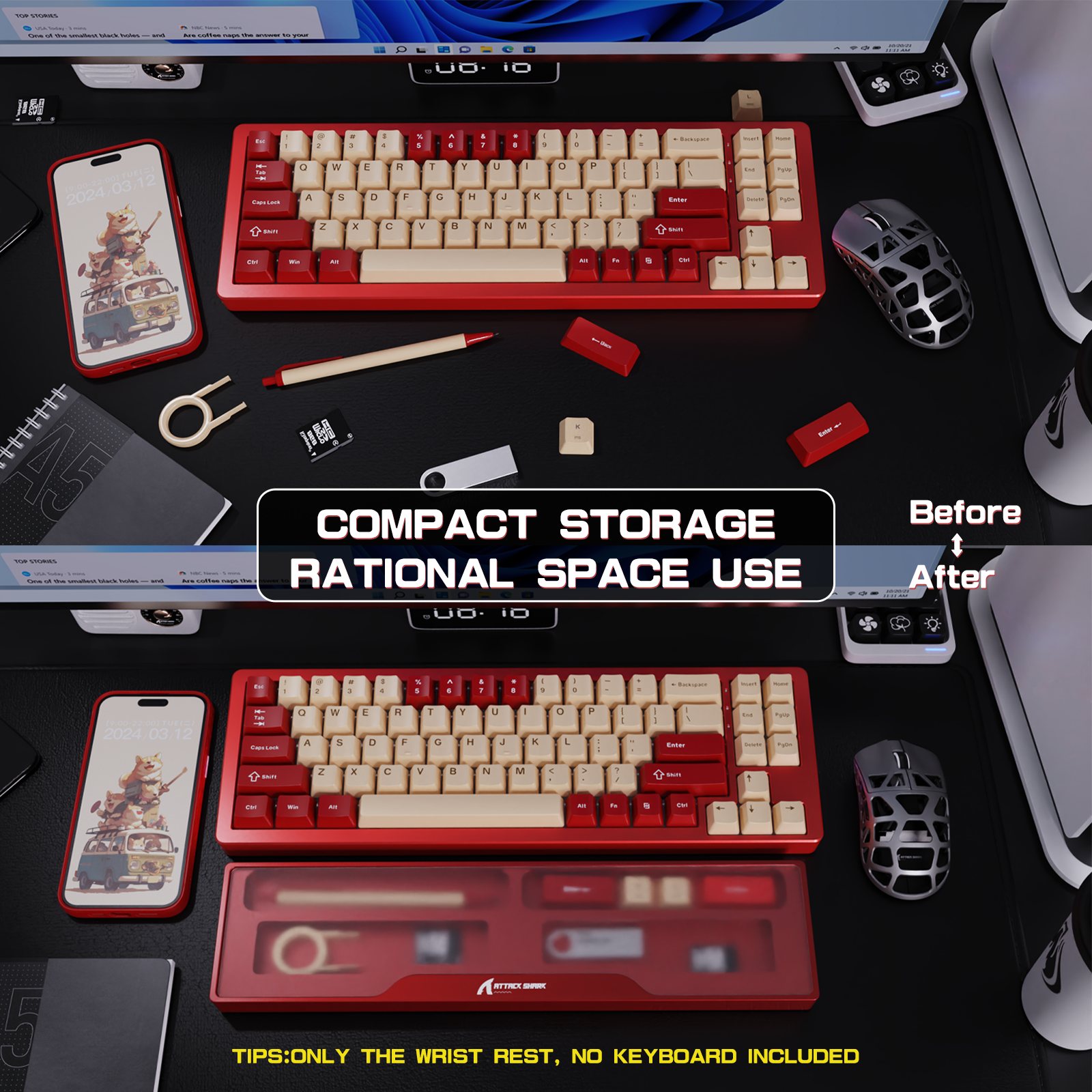 Red mechanical keyboard with compact storage for accessories, organized workspace before and after.