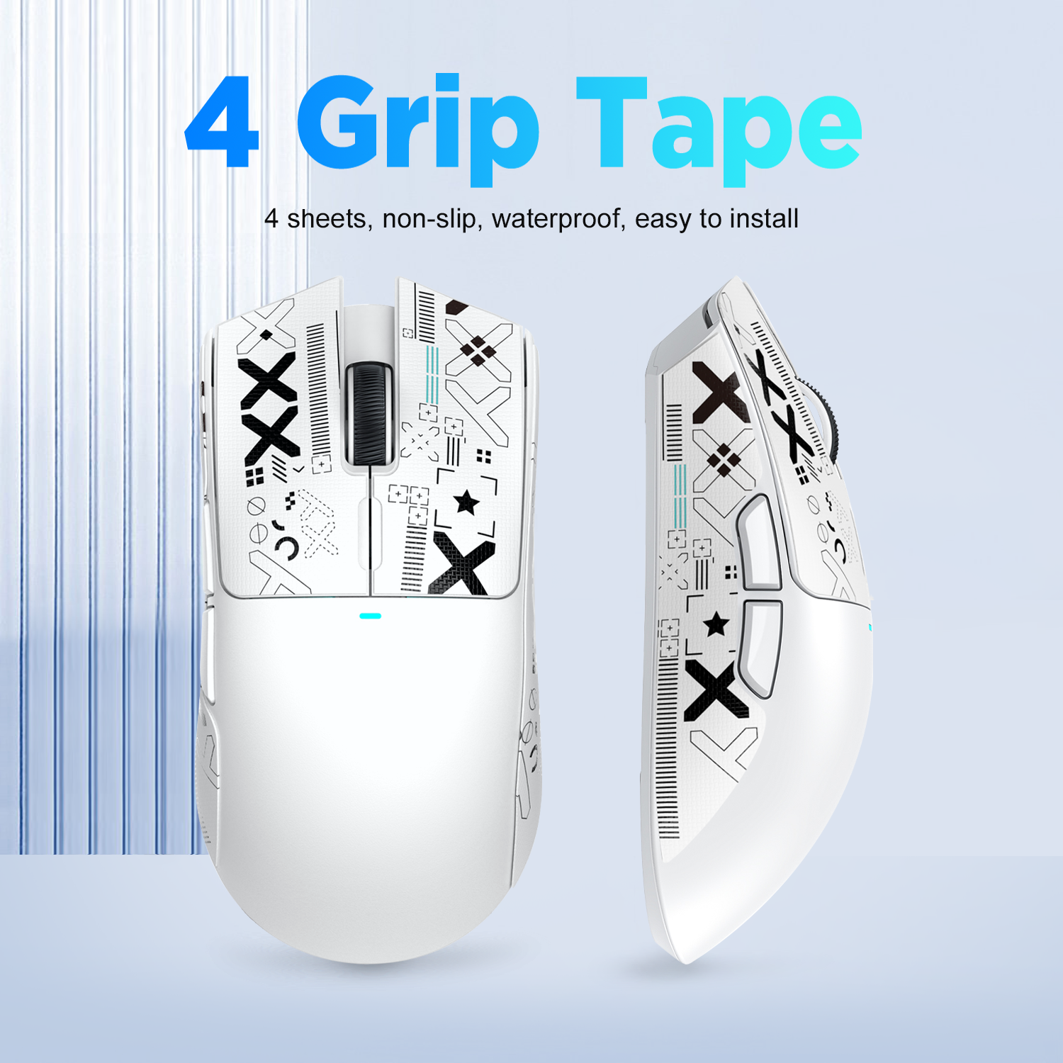 Stylish X11 gaming mouse with 4 anti-slip grip tape sheets for improved gameplay.