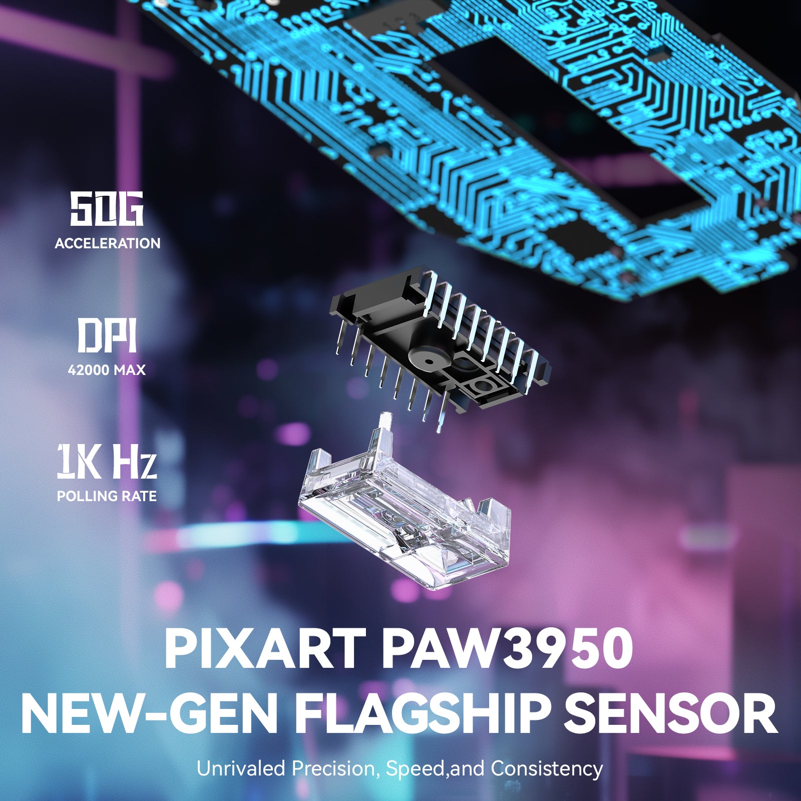 PixArt PAW3950 sensor with 42,000 DPI, 50g acceleration, and 1K Hz polling rate.