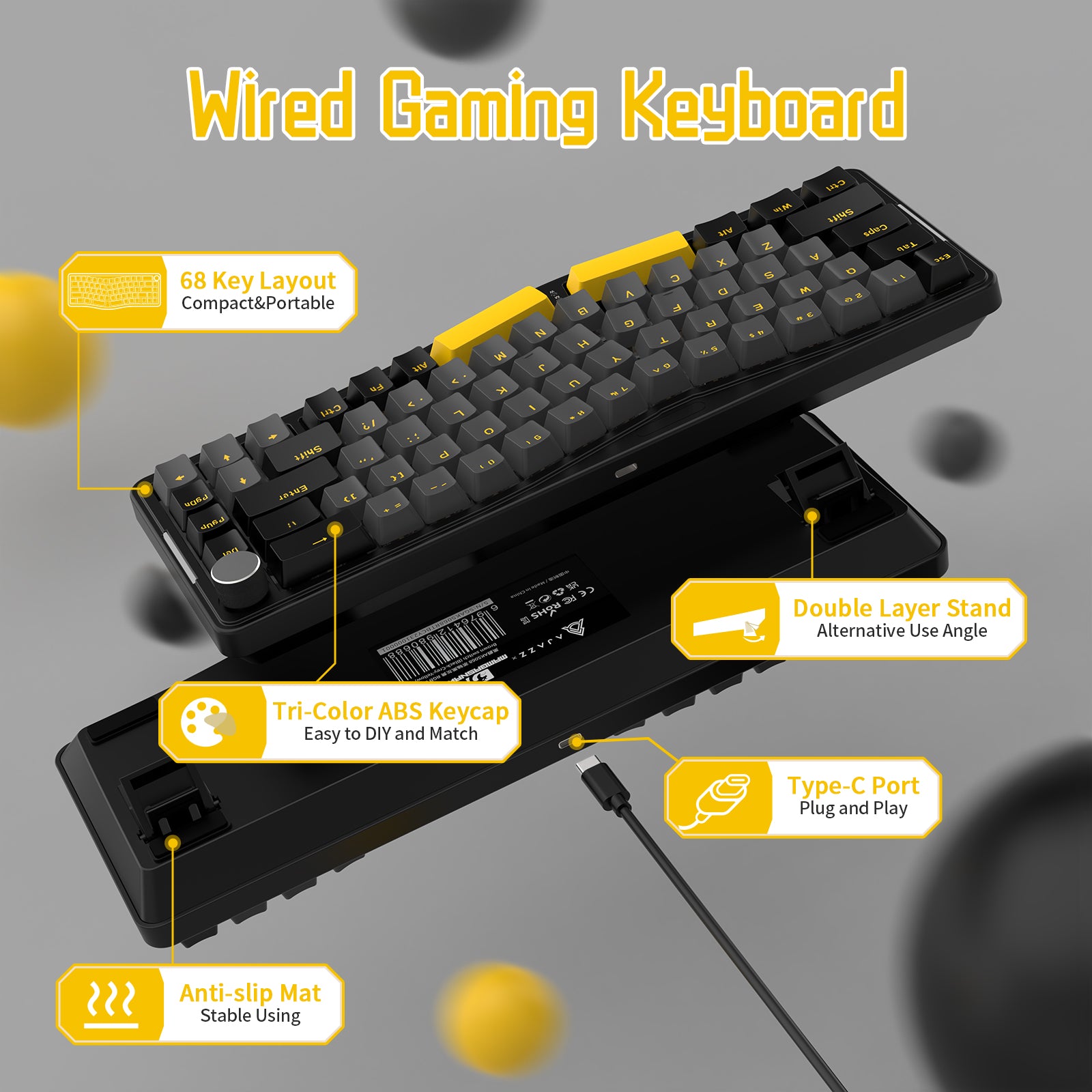 AKS068 Alice Mechanical Keyboard with yellow accents and dual-layer stand features.