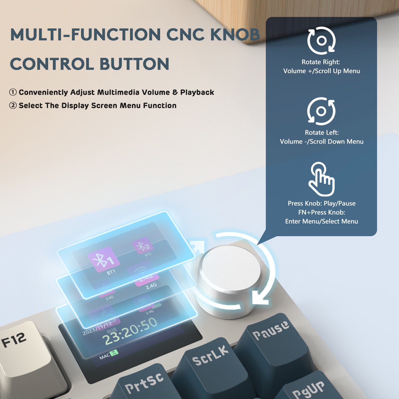 K86PRO mechanical keyboard with CNC knob for volume and menu navigation control.