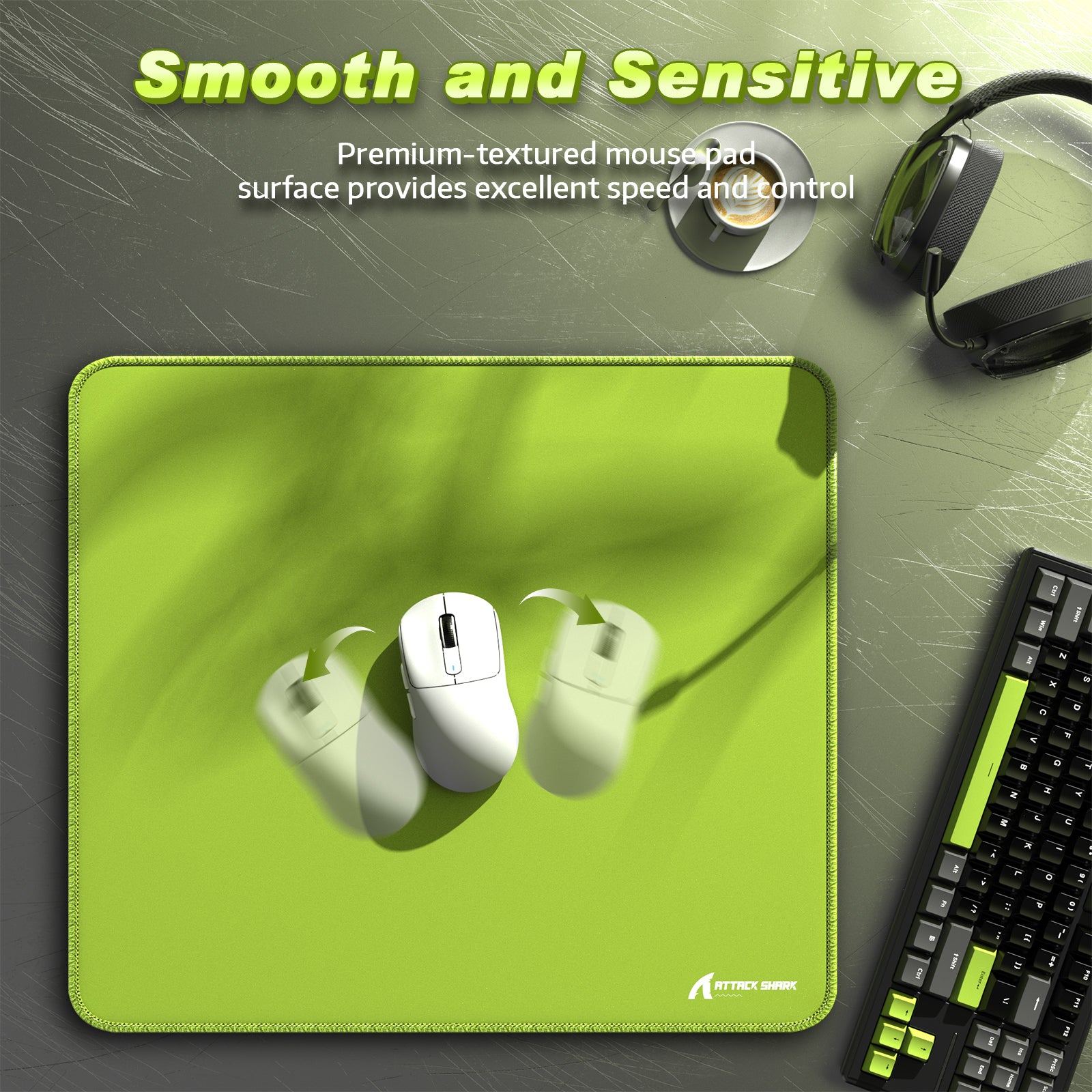 Green Attack Shark gaming mouse pad with premium surface and white gaming mouse on it.