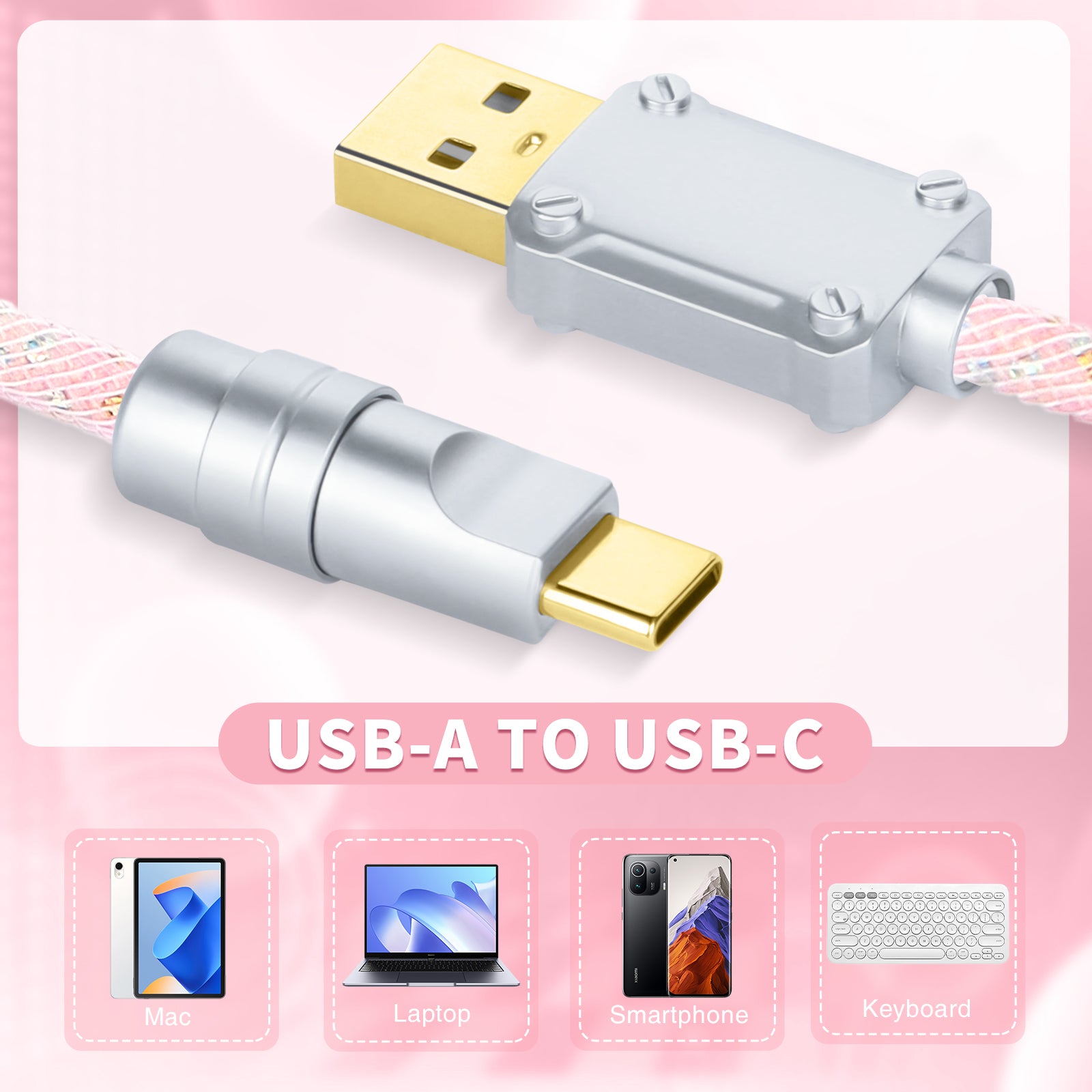 Coiled USB-A to USB-C cable with silver connectors, compatible with multiple devices.