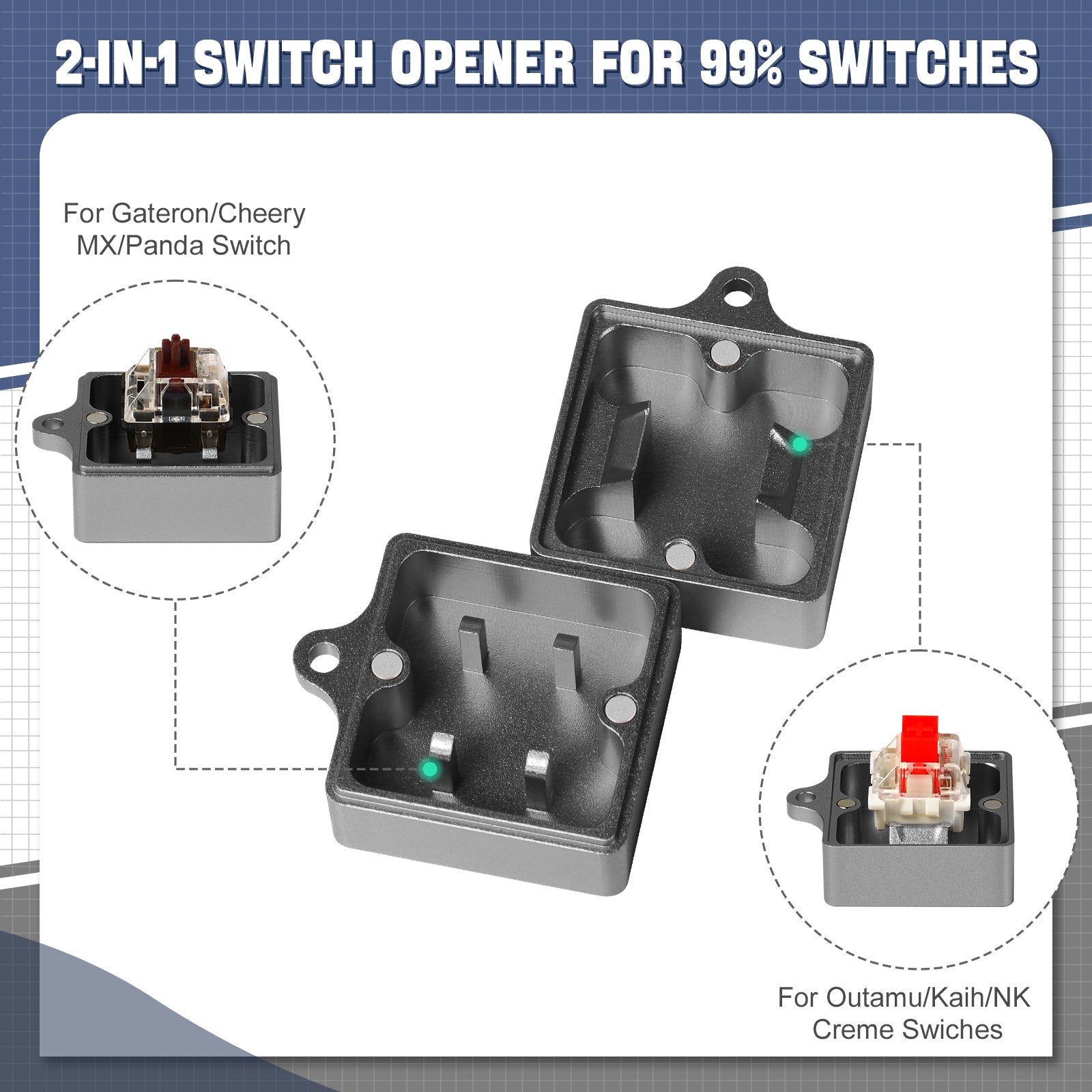 2-in-1 switch opener for Gateron, Cherry, and Outemu switches on a gray background.