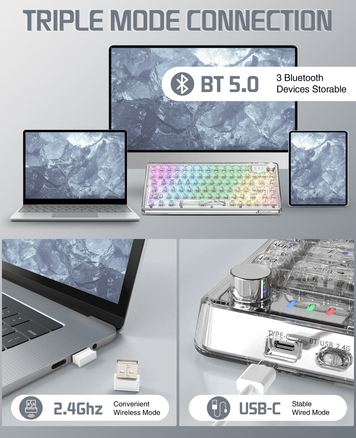 K75 Pro keyboard showing Bluetooth 5.0, USB-C, and 2.4GHz connectivity modes.