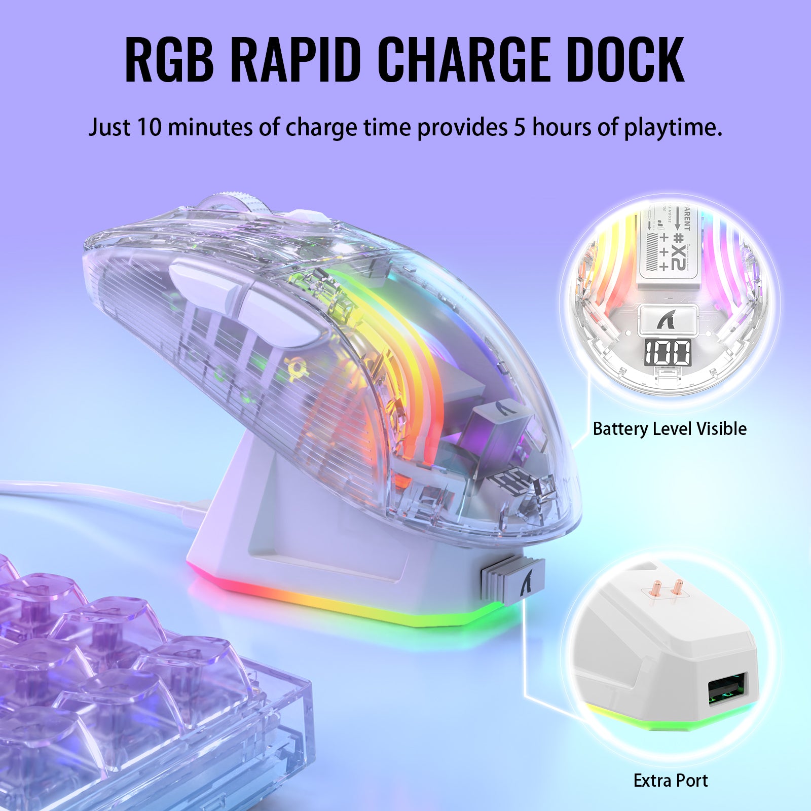 X2PRO gaming mouse on RGB rapid charging dock with battery level display.