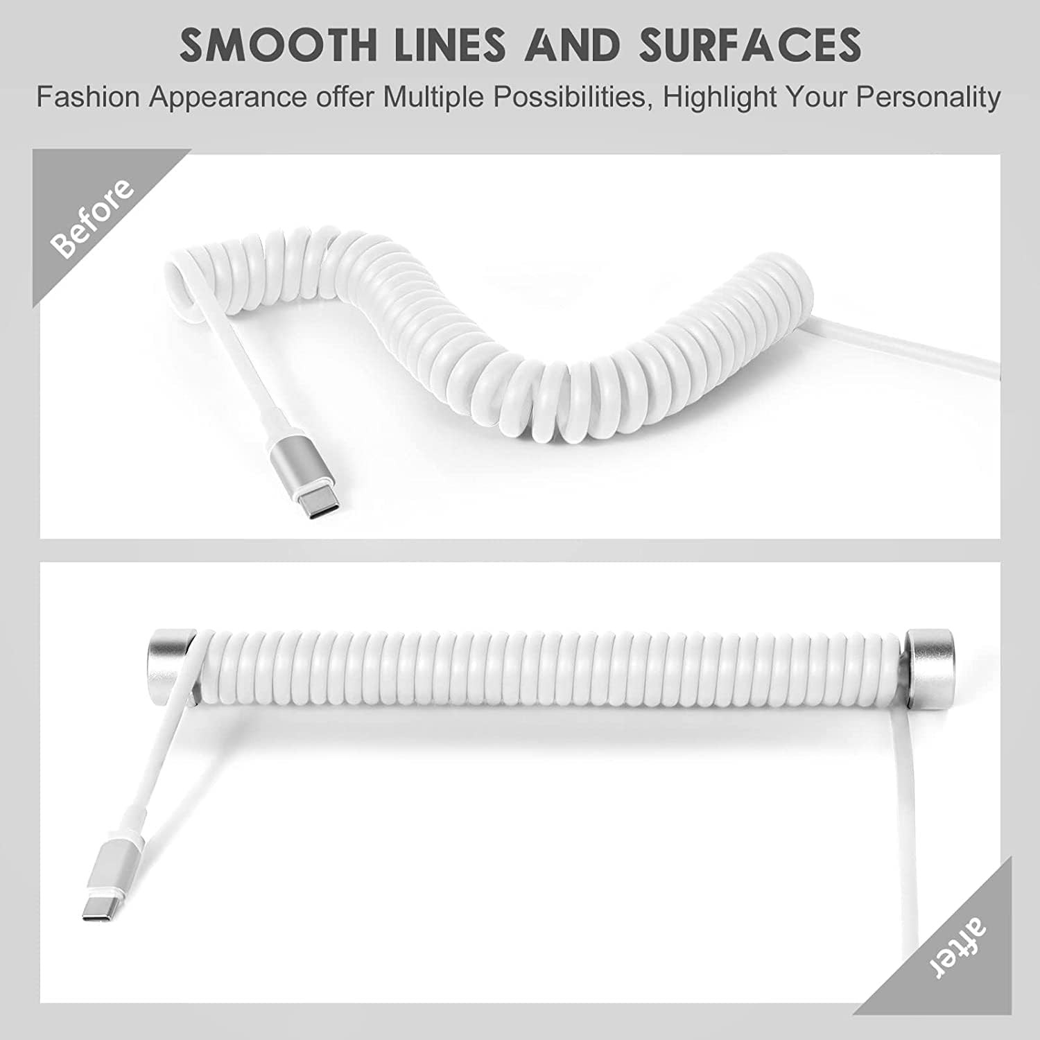 Before and after USB C cable organization with white coiled cable using an aluminum winder.