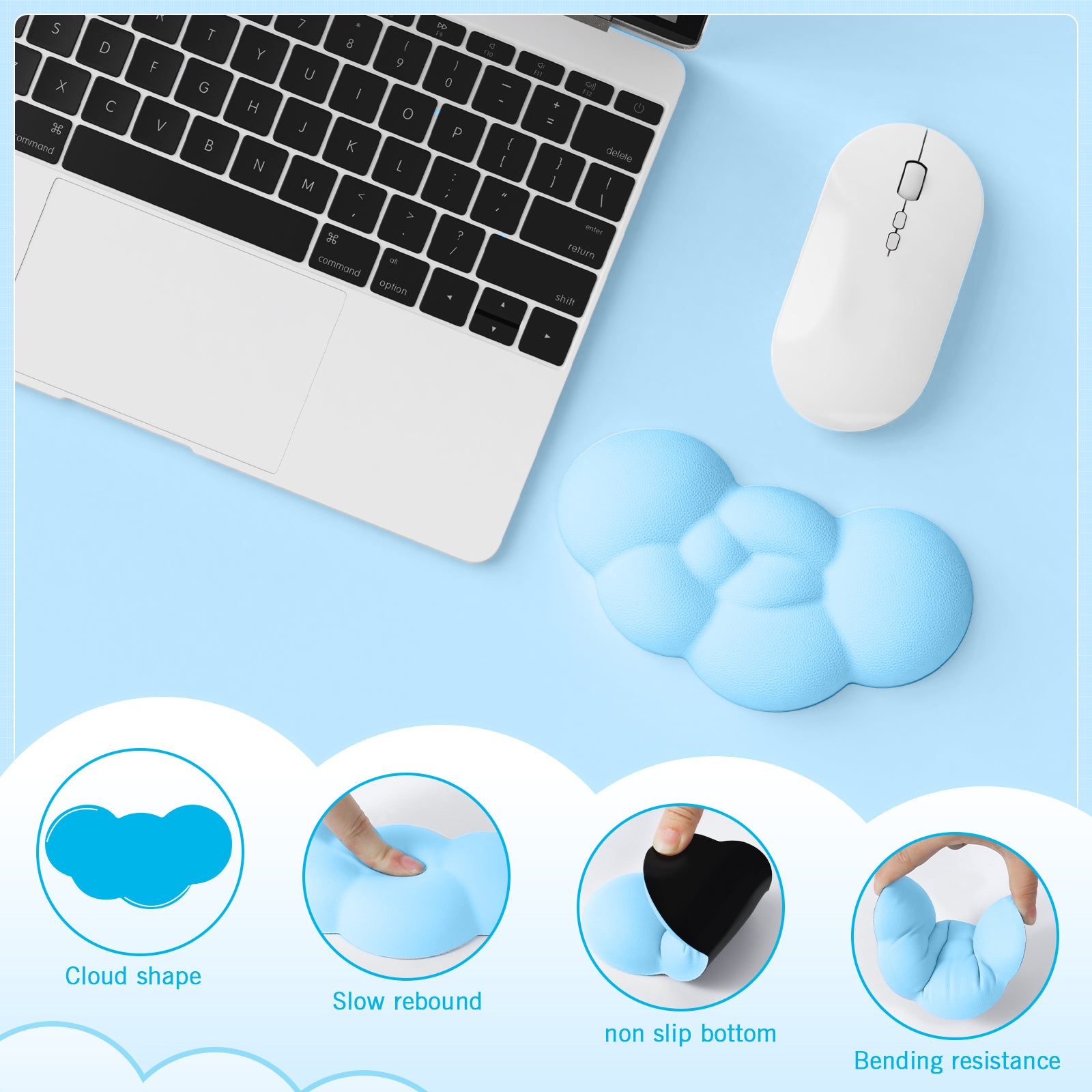 Light blue cloud wrist rest with white gaming mouse beside laptop, showcasing ergonomic features.